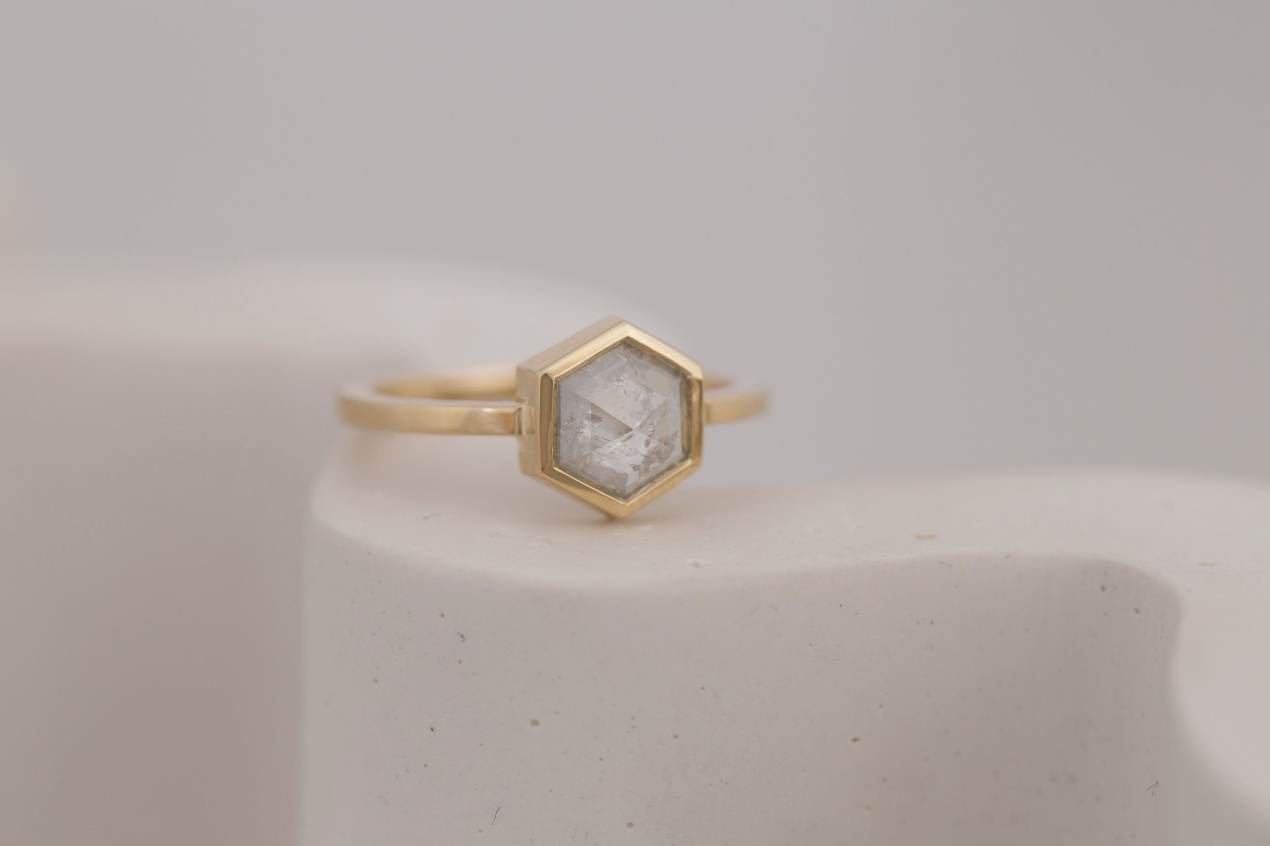 Avens Ring | Silver Diamond Hexagon Solitaire Engagement Ring 1.10 ct | 14k Recycled Gold | One of a Kind