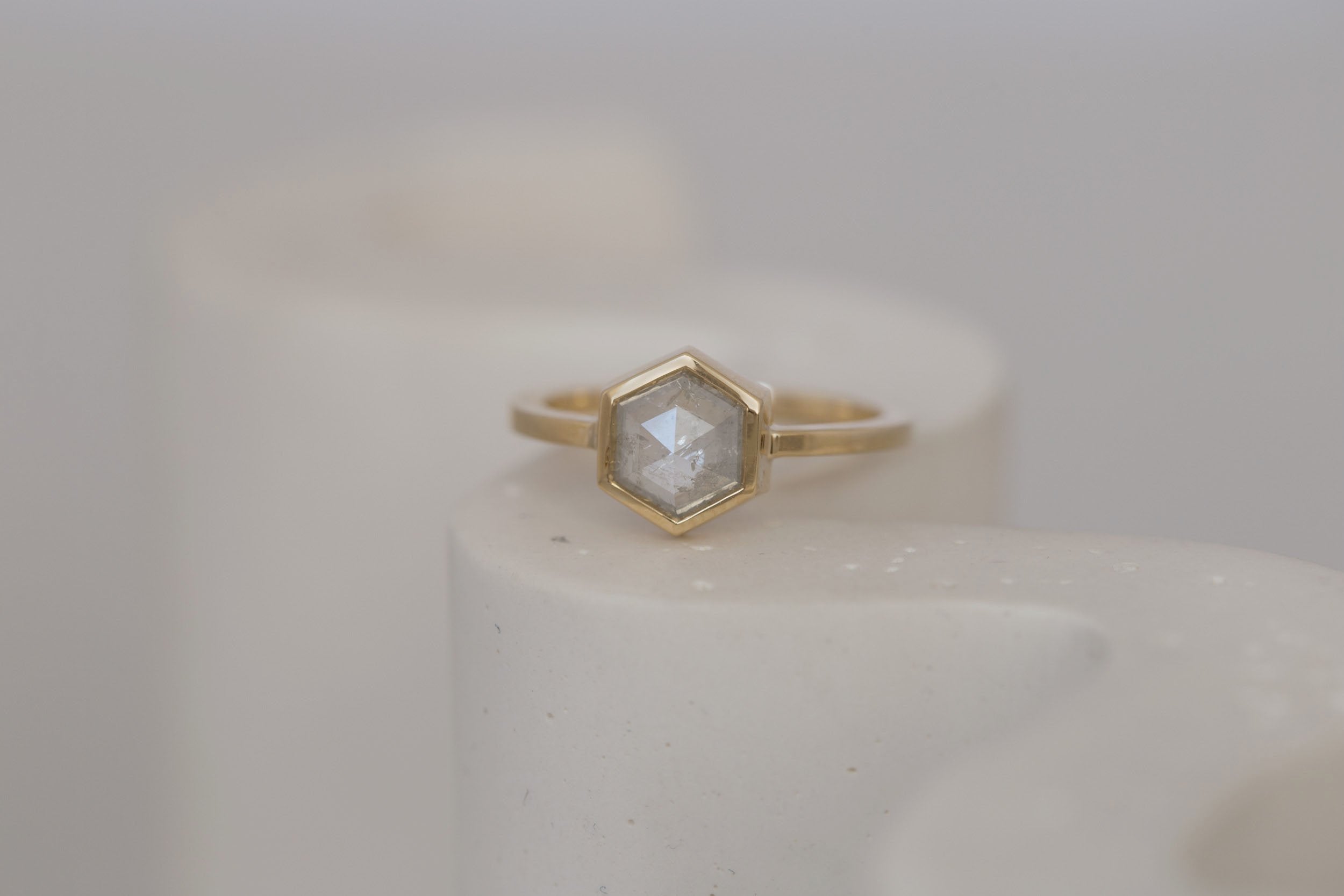 Avens Ring | Silver Diamond Hexagon Solitaire Engagement Ring 1.10 ct | 14k Recycled Gold | One of a Kind