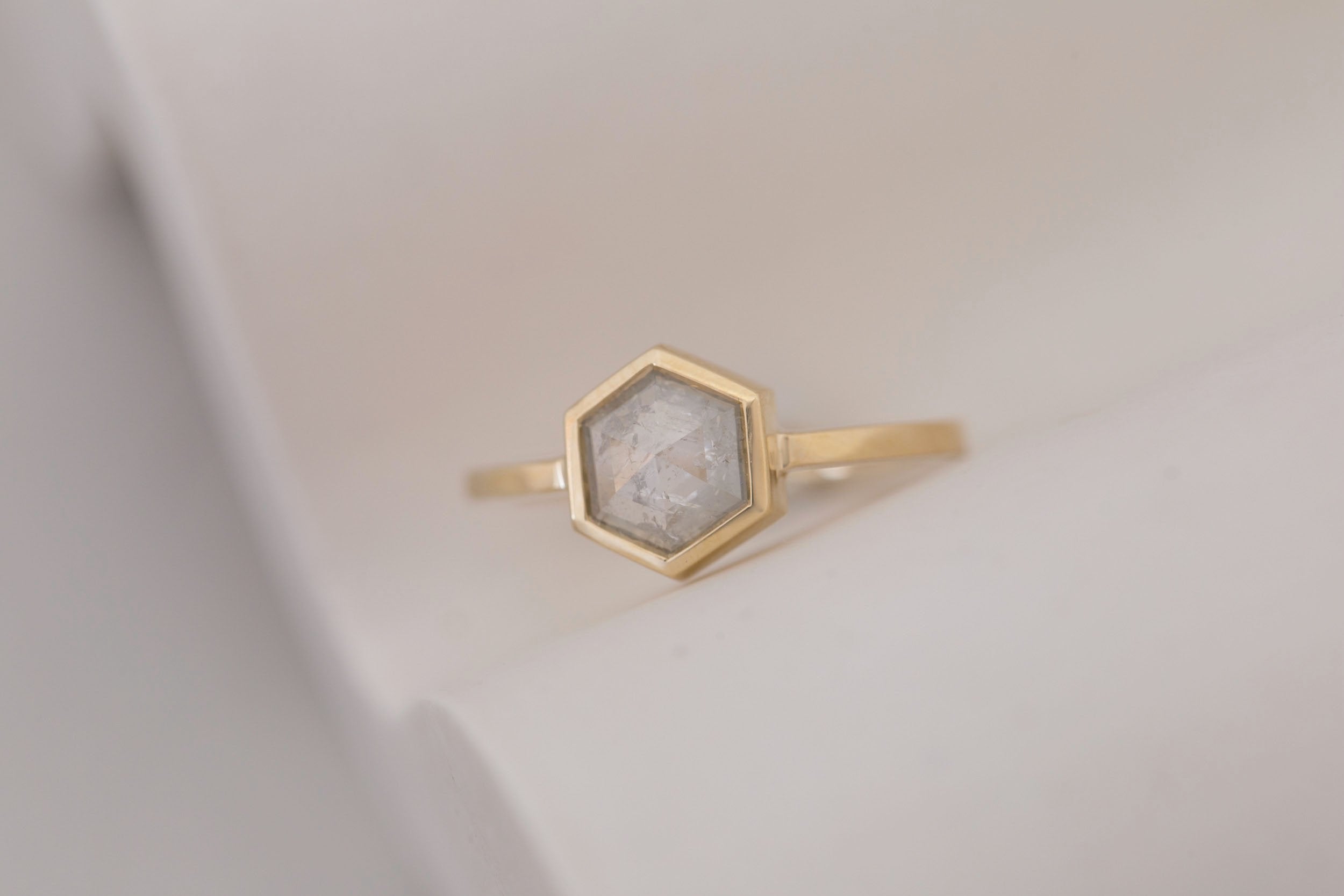 Avens Ring | Silver Diamond Hexagon Solitaire Engagement Ring 1.10 ct | 14k Recycled Gold | One of a Kind