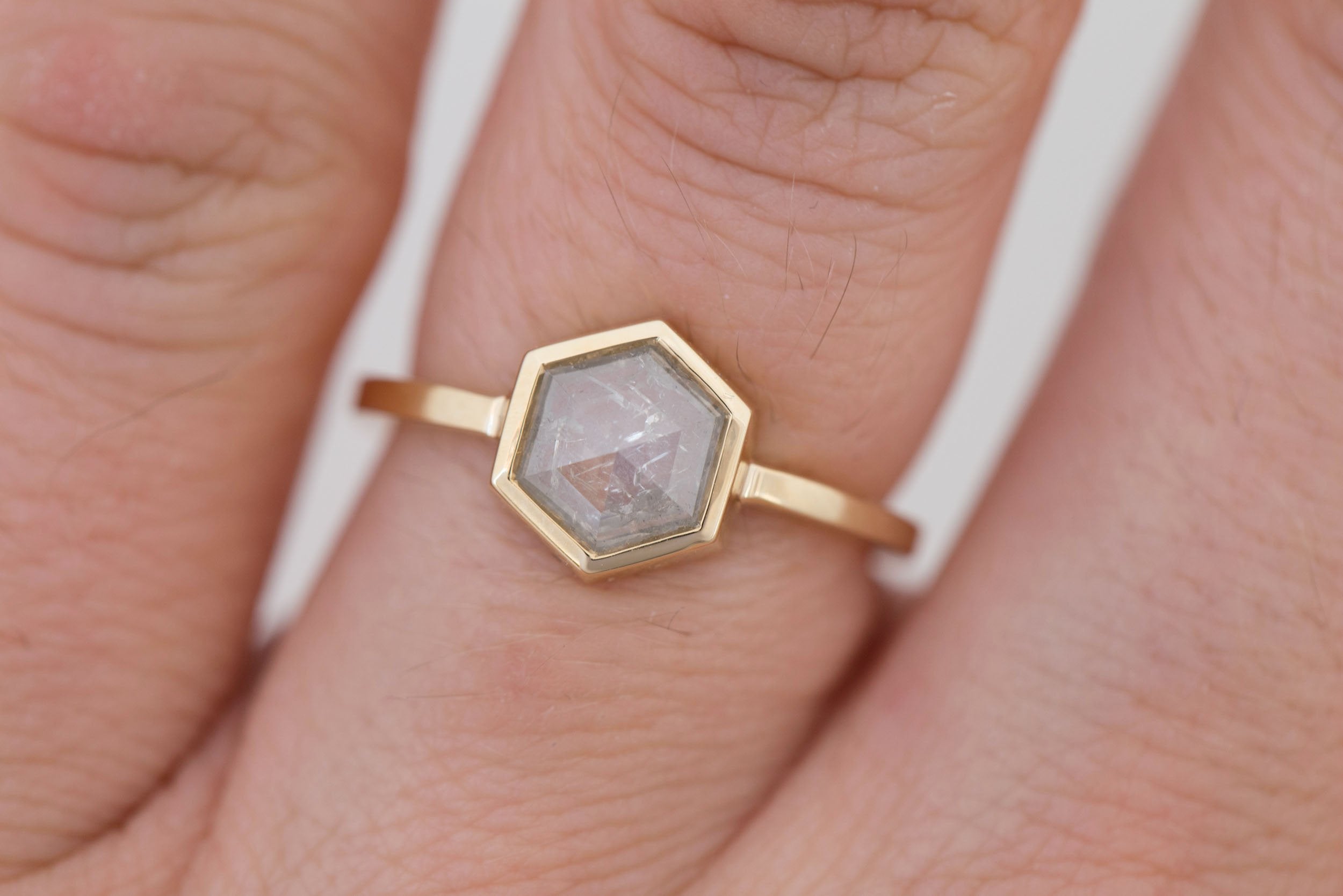 Avens Ring | Silver Diamond Hexagon Solitaire Engagement Ring 1.10 ct | 14k Recycled Gold | One of a Kind