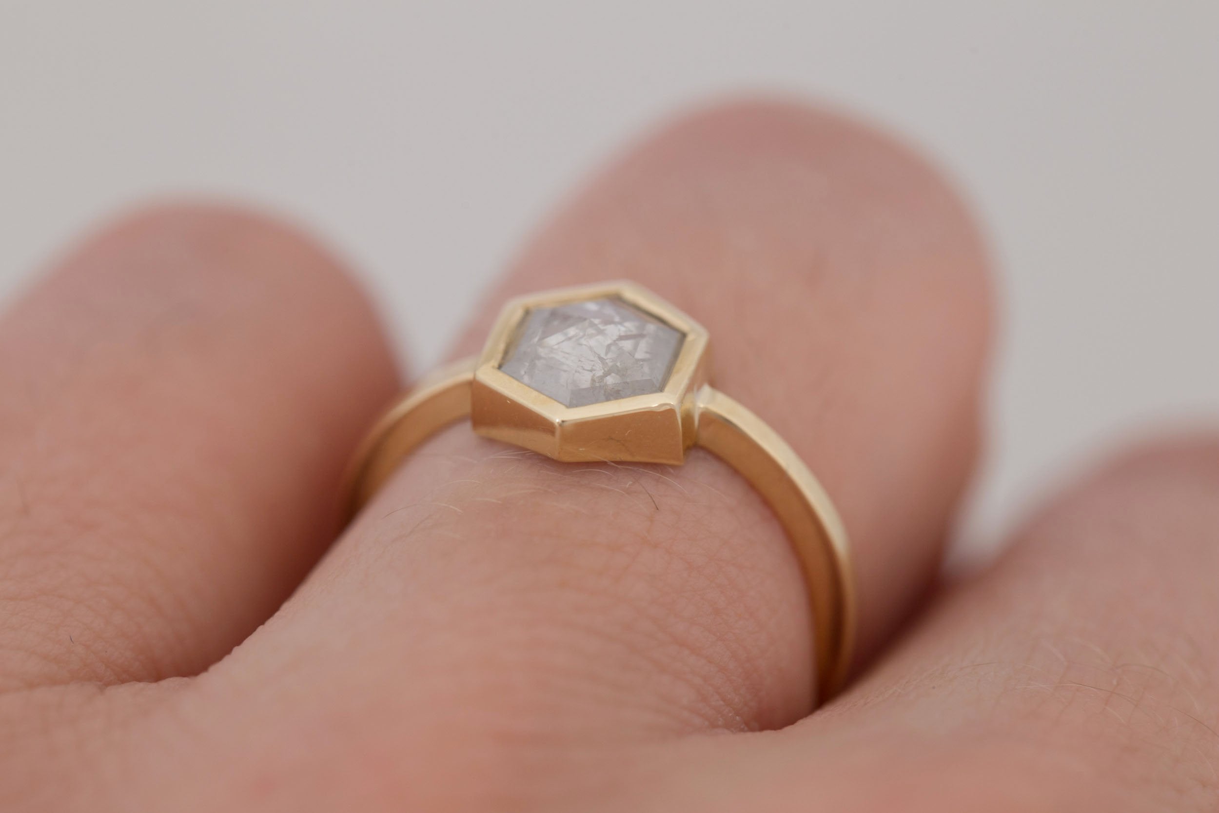 Avens Ring | Silver Diamond Hexagon Solitaire Engagement Ring 1.10 ct | 14k Recycled Gold | One of a Kind