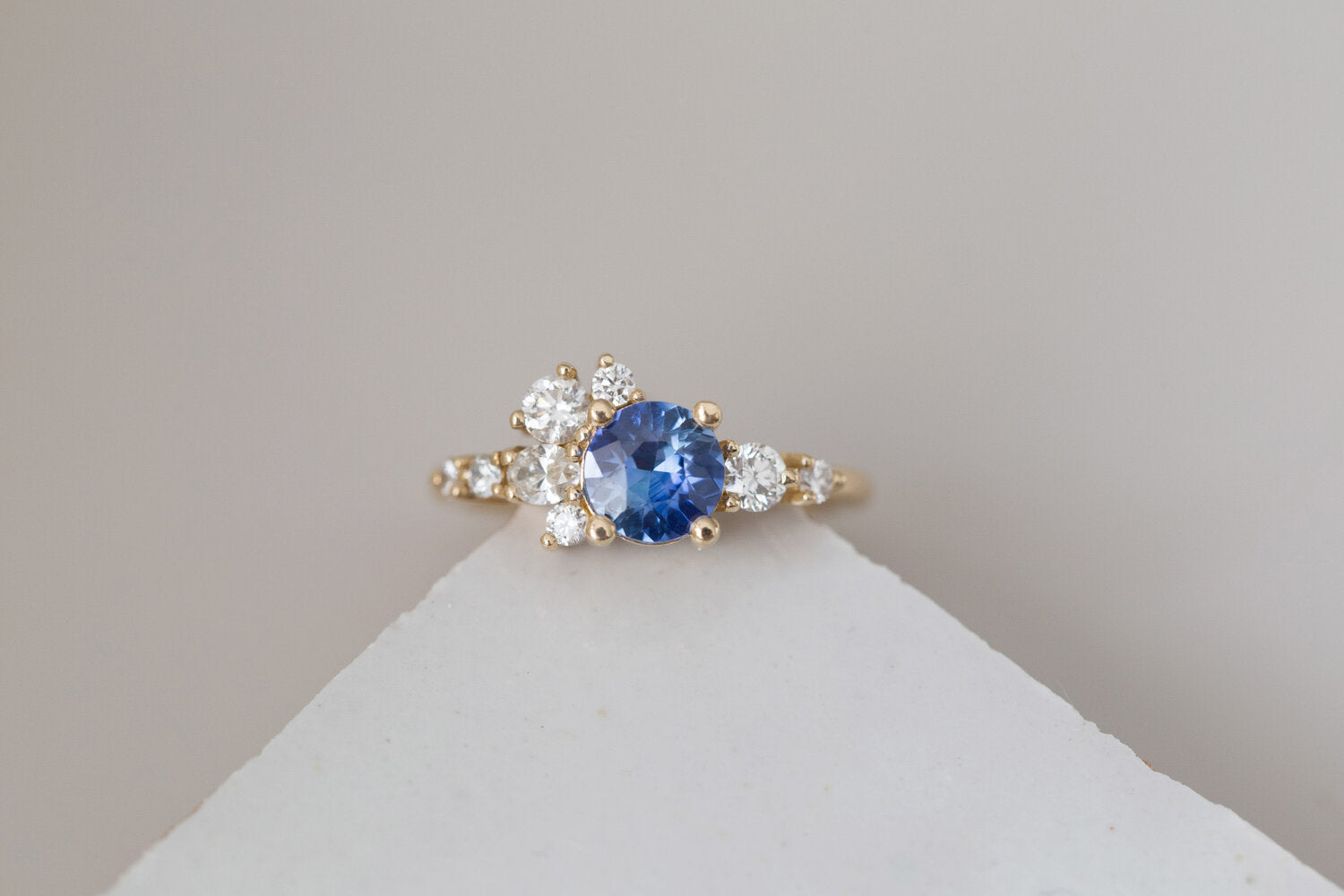 Ilia Ring | Blue Round Sapphire + Diamond Cluster Engagement Ring | 14k Recycled Gold | One of a Kind