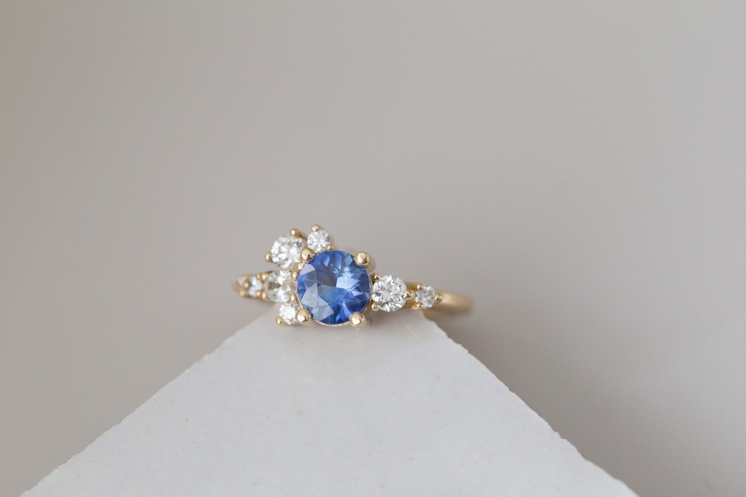 Ilia Ring | Blue Round Sapphire + Diamond Cluster Engagement Ring | 14k Recycled Gold | One of a Kind
