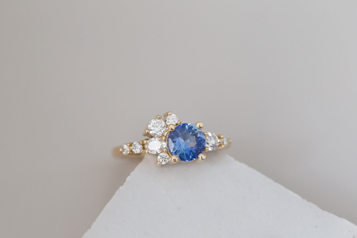 Ilia Ring | Blue Round Sapphire + Diamond Cluster Engagement Ring | 14k Recycled Gold | One of a Kind