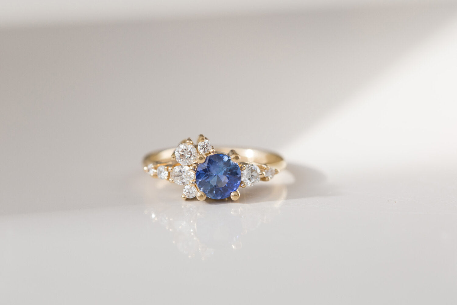 Ilia Ring | Blue Round Sapphire + Diamond Cluster Engagement Ring | 14k Recycled Gold | One of a Kind