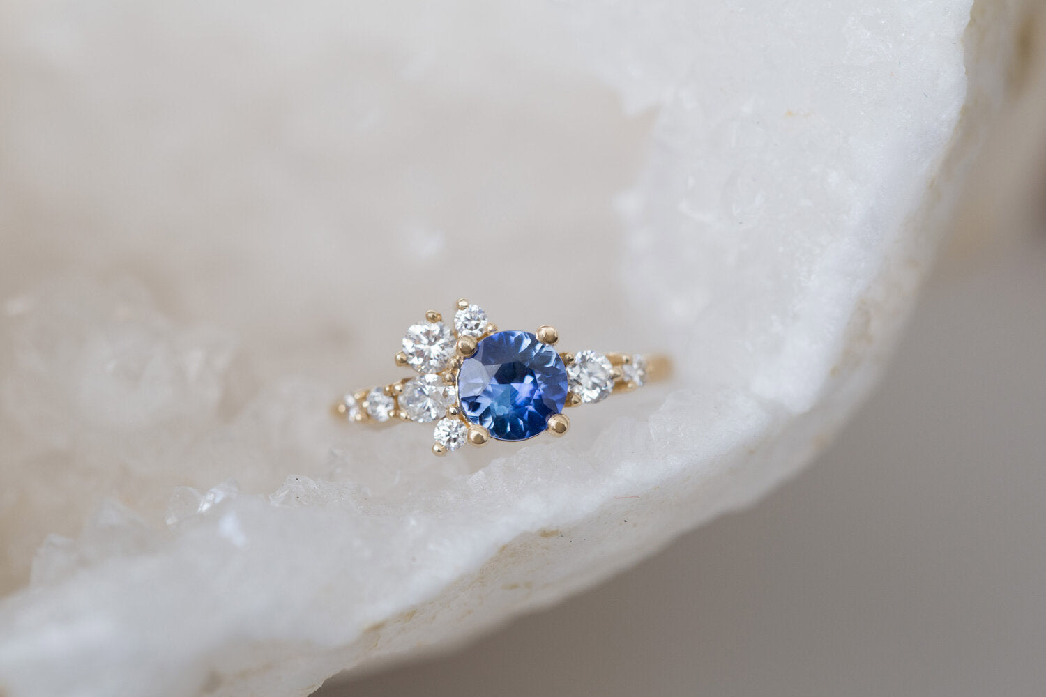 Ilia Ring | Blue Round Sapphire + Diamond Cluster Engagement Ring | 14k Recycled Gold | One of a Kind
