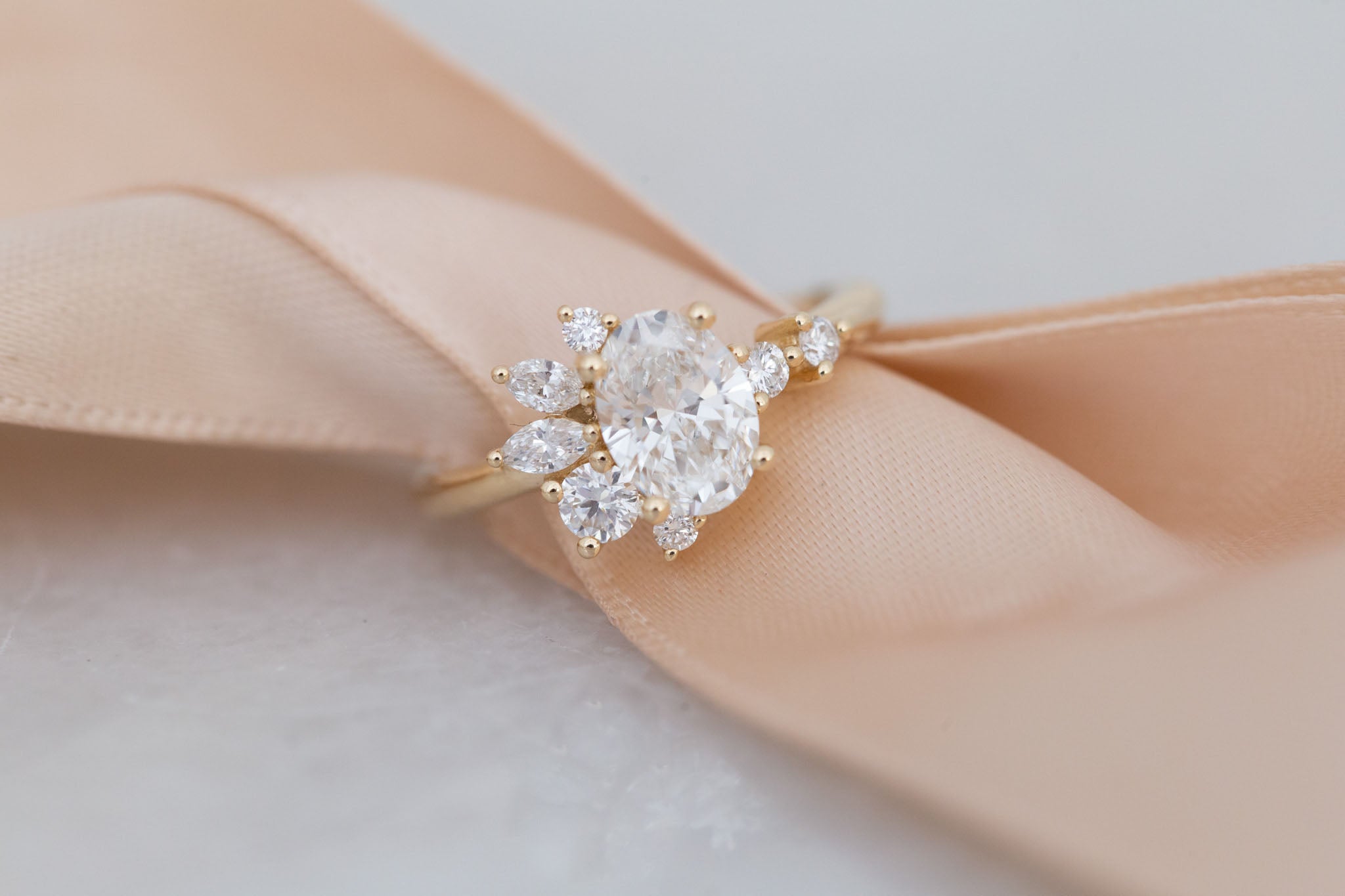 Ambretta Ring | Lab Oval Diamond + Lab Diamond Cluster Engagement Ring 1.10 ct | 14k Recycled Gold | One of a Kind