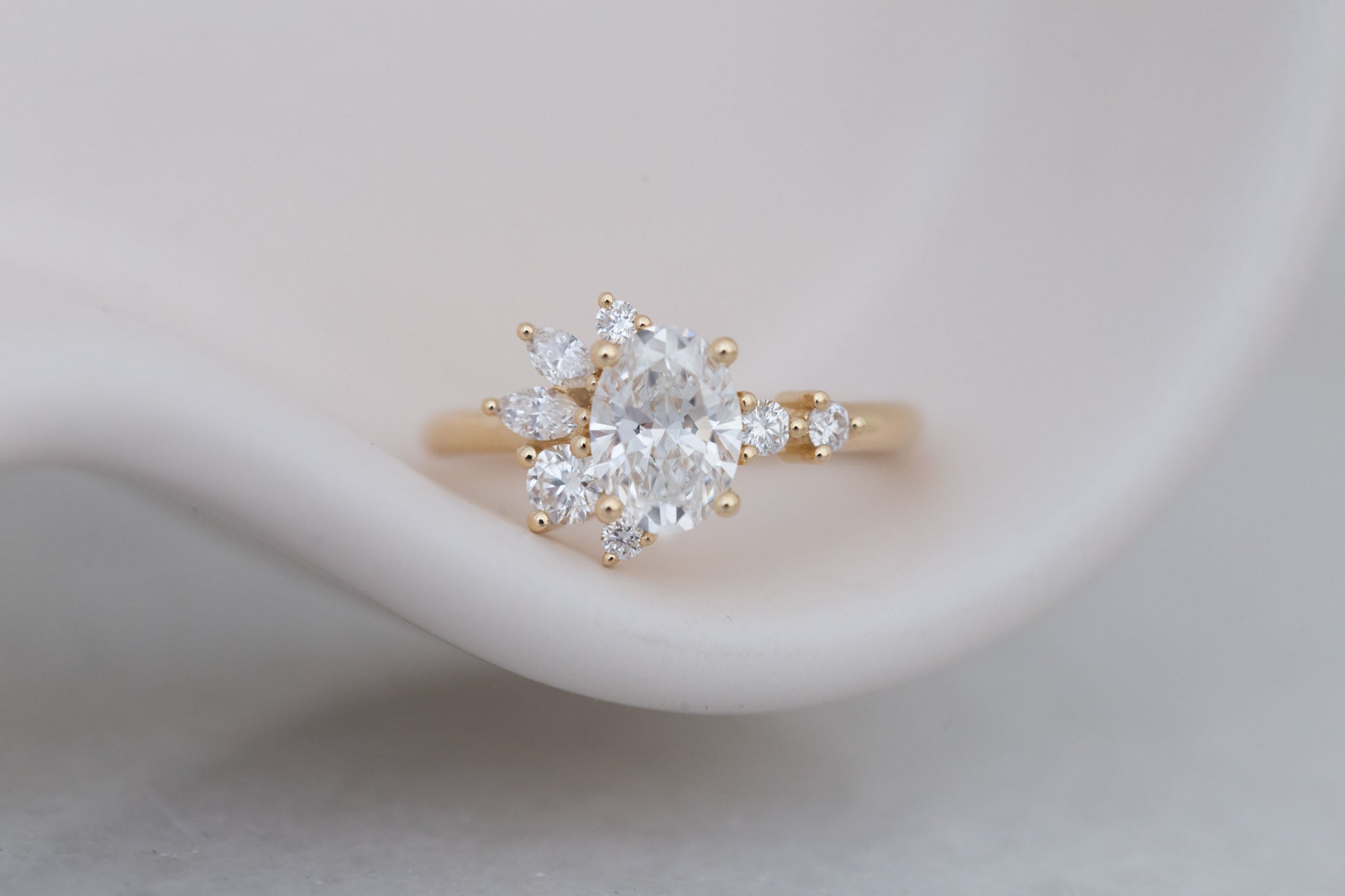 Ambretta Ring | Lab Oval Diamond + Lab Diamond Cluster Engagement Ring 1.10 ct | 14k Recycled Gold | One of a Kind