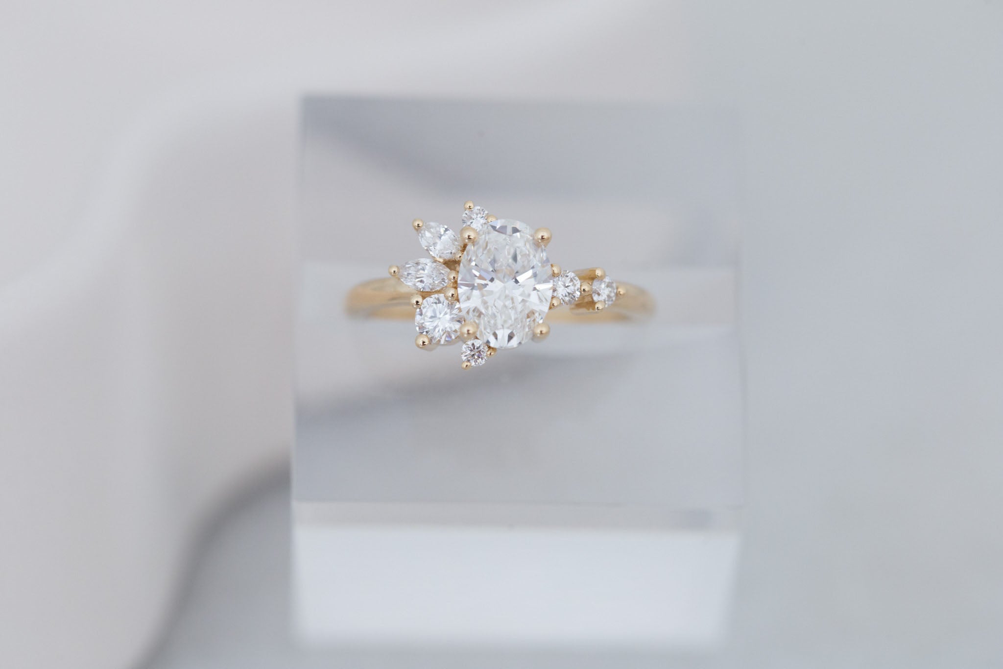 Ambretta Ring | Lab Oval Diamond + Lab Diamond Cluster Engagement Ring 1.10 ct | 14k Recycled Gold | One of a Kind