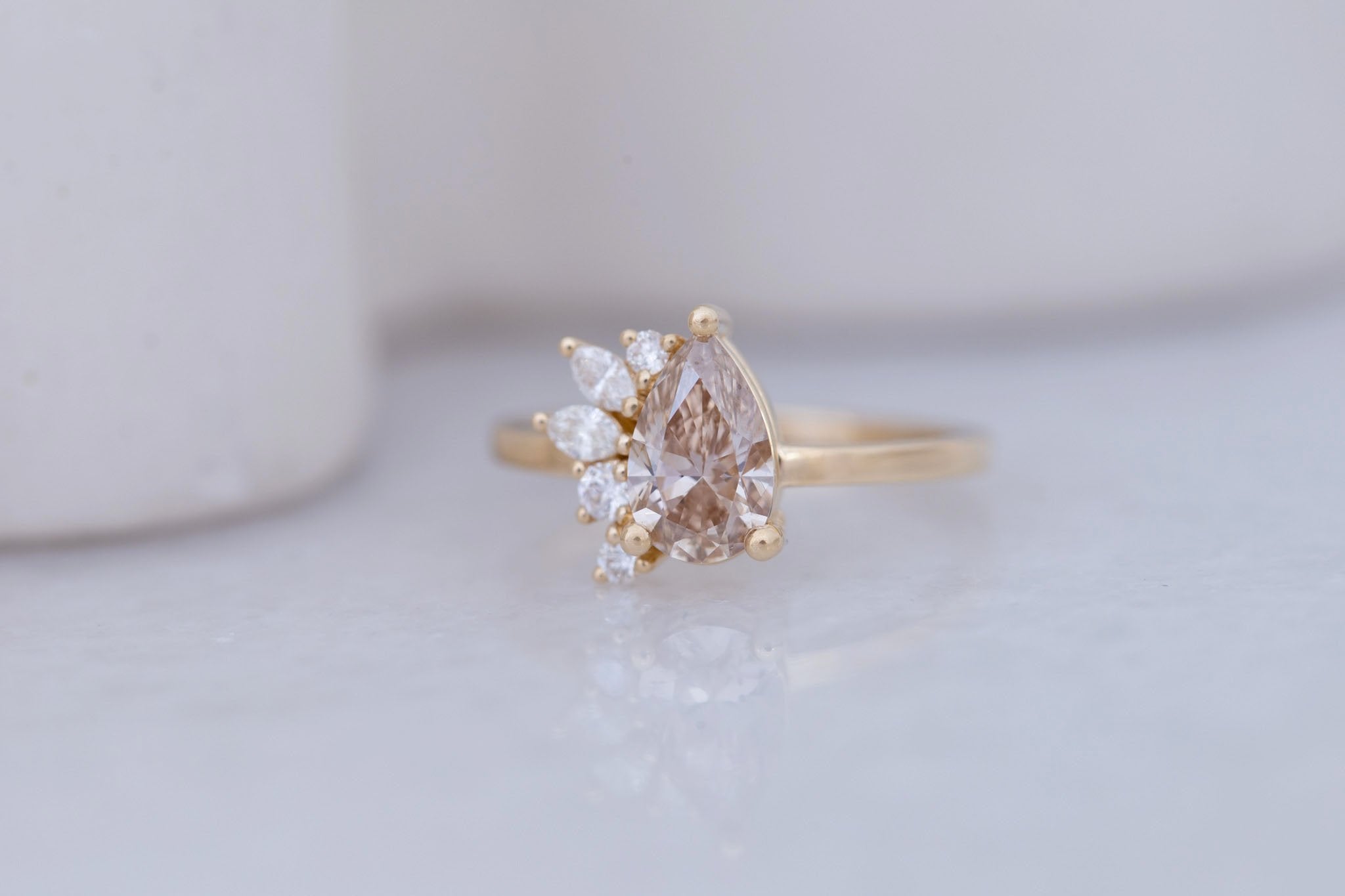 Dahlia Ring | Champagne Pear Cut Diamond + Diamond Cluster Engagement Ring 1.11 ct | 14k Recycled Gold | One of a Kind