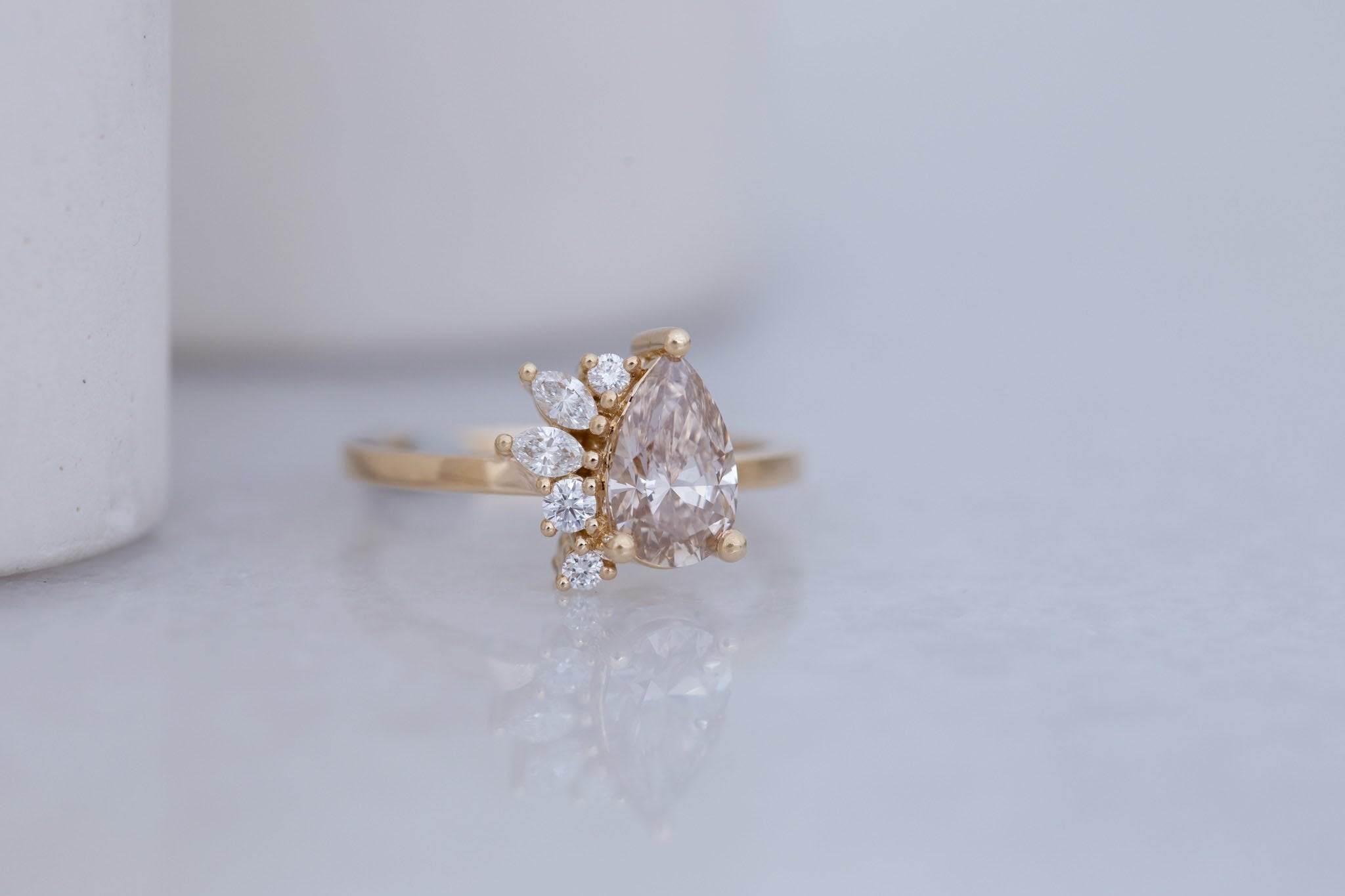 Dahlia Ring | Champagne Pear Cut Diamond + Diamond Cluster Engagement Ring 1.11 ct | 14k Recycled Gold | One of a Kind
