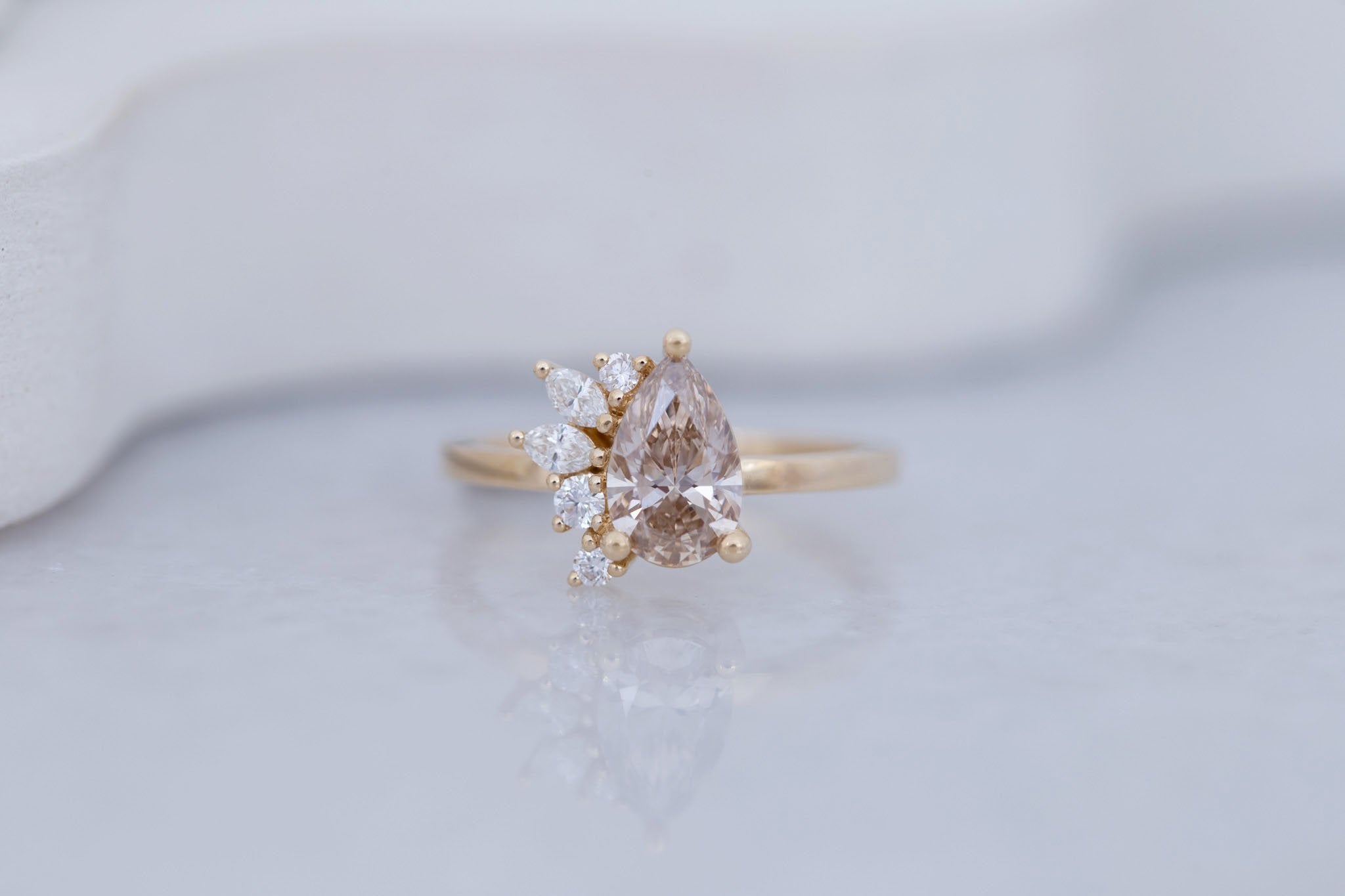 Dahlia Ring | Champagne Pear Cut Diamond + Diamond Cluster Engagement Ring 1.11 ct | 14k Recycled Gold | One of a Kind