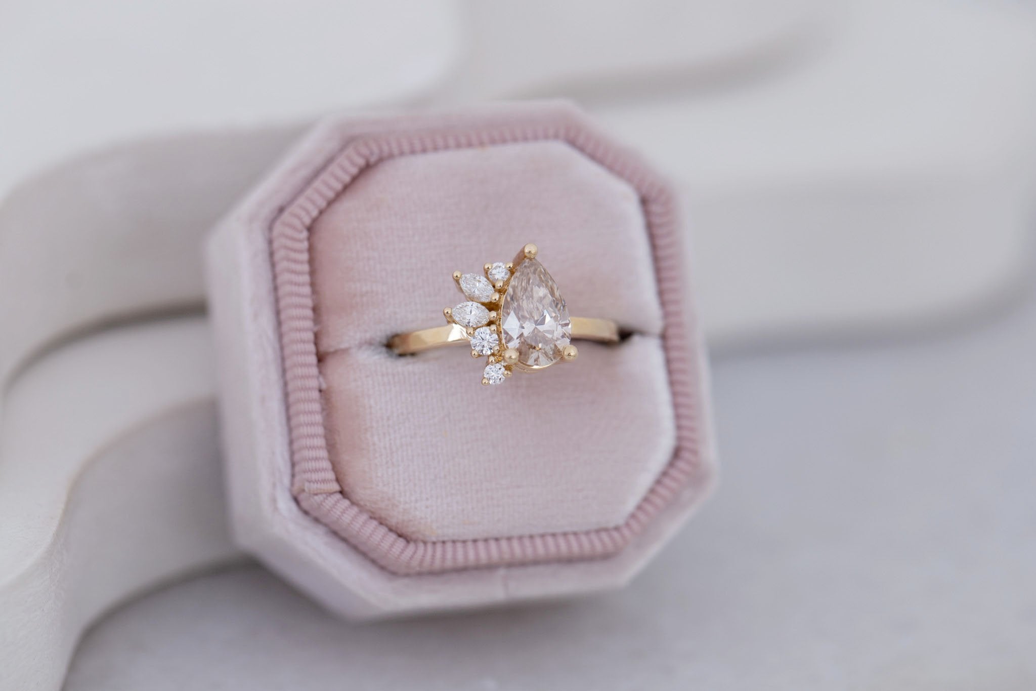 Dahlia Ring | Champagne Pear Cut Diamond + Diamond Cluster Engagement Ring 1.11 ct | 14k Recycled Gold | One of a Kind
