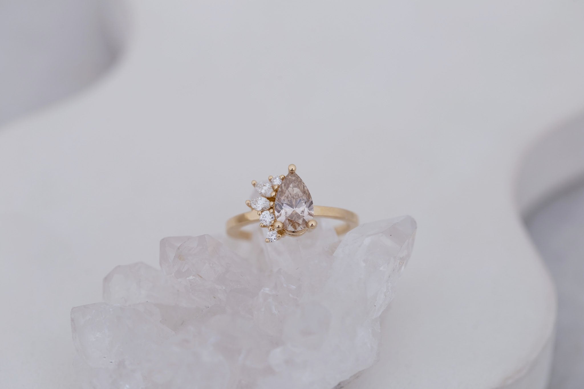 Dahlia Ring | Champagne Pear Cut Diamond + Diamond Cluster Engagement Ring 1.11 ct | 14k Recycled Gold | One of a Kind