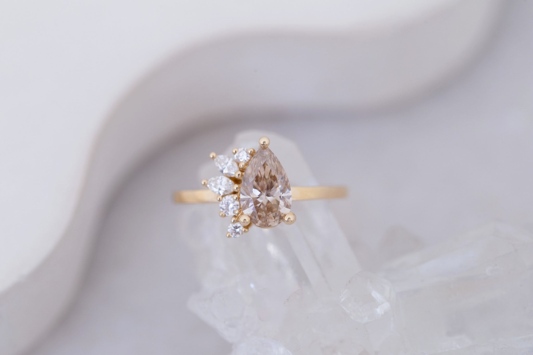 Dahlia Ring | Champagne Pear Cut Diamond + Diamond Cluster Engagement Ring 1.11 ct | 14k Recycled Gold | One of a Kind