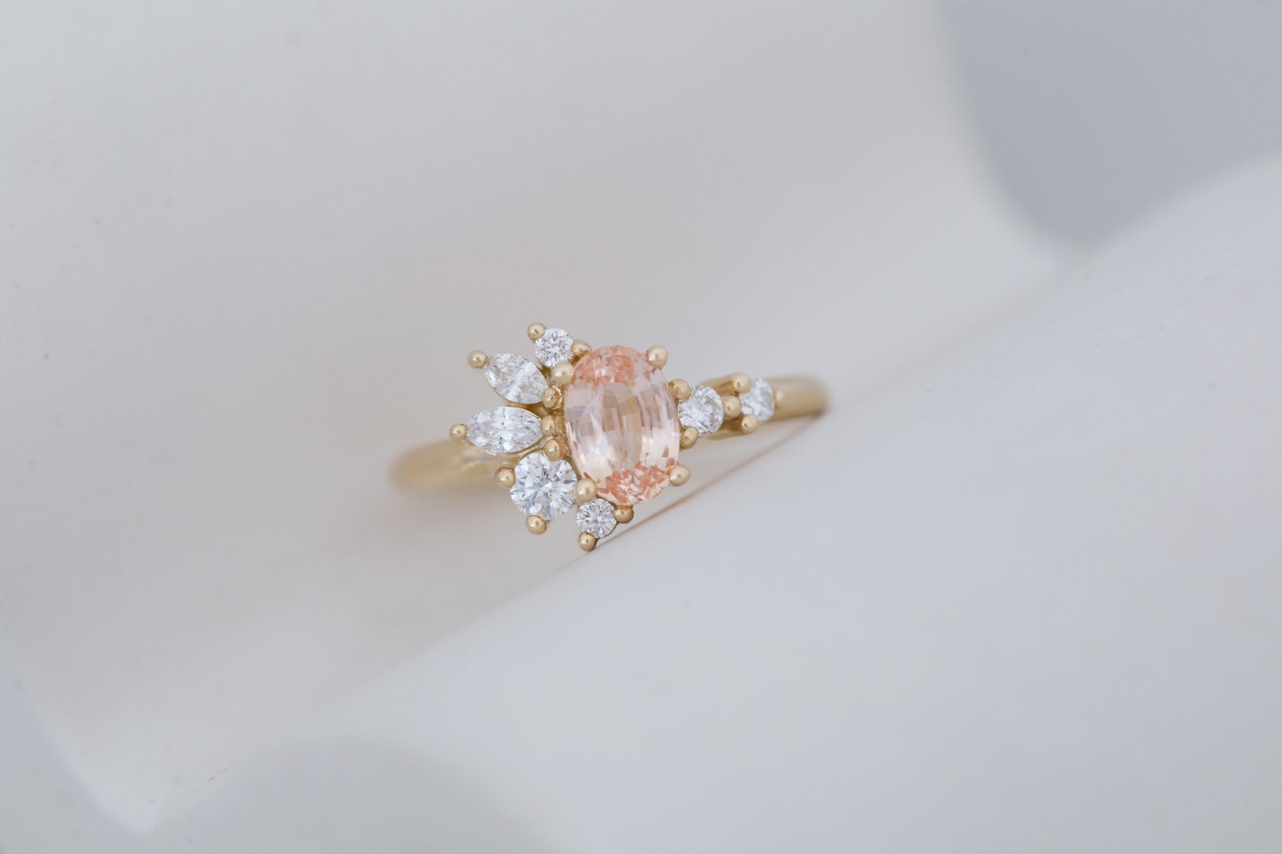 Ambretta Ring | Peach Oval Sapphire + Diamond Cluster Engagement Ring 1.11 ct | 14k Recycled Gold | One of a Kind