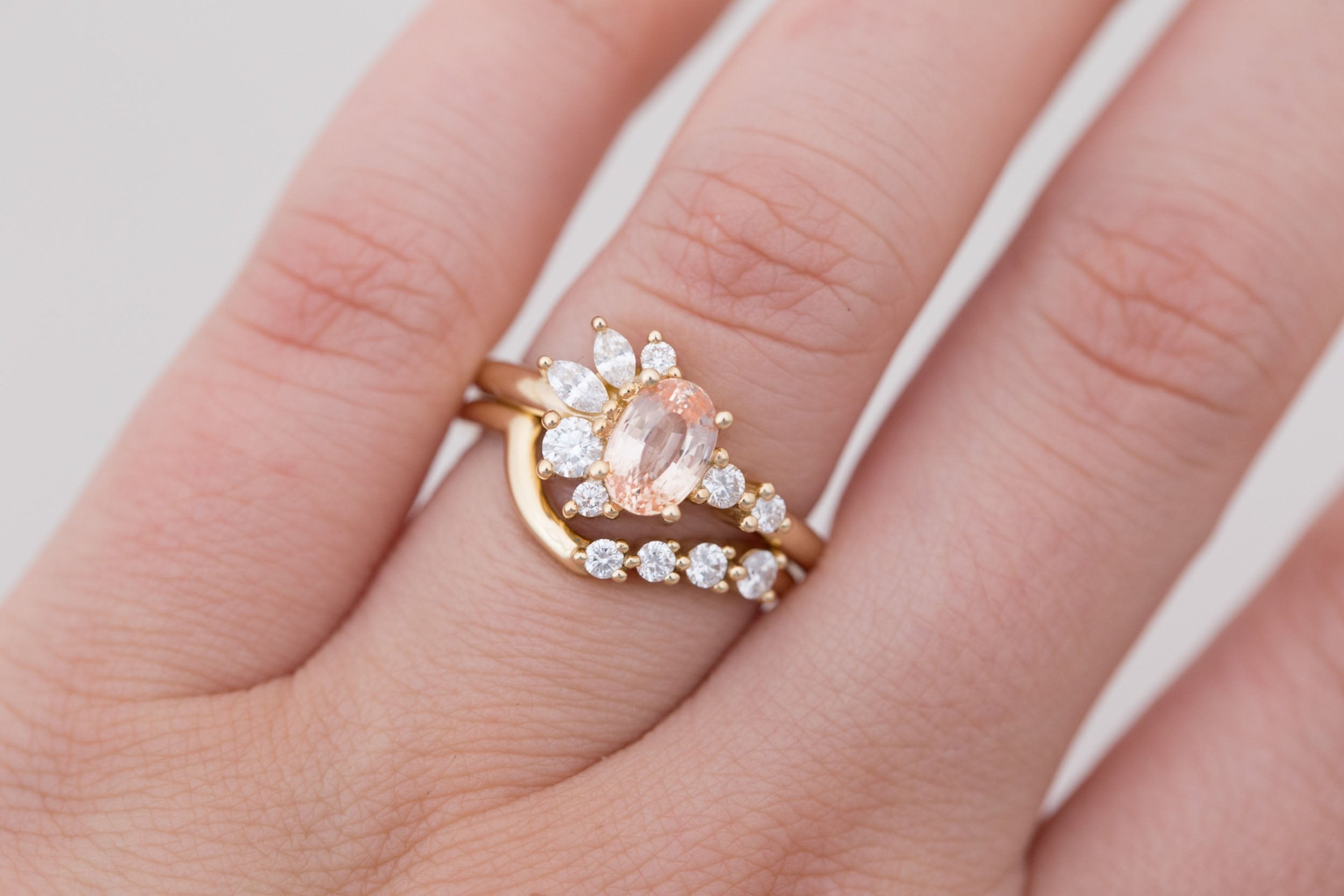 Ambretta Ring | Peach Oval Sapphire + Diamond Cluster Engagement Ring 1.11 ct | 14k Recycled Gold | One of a Kind
