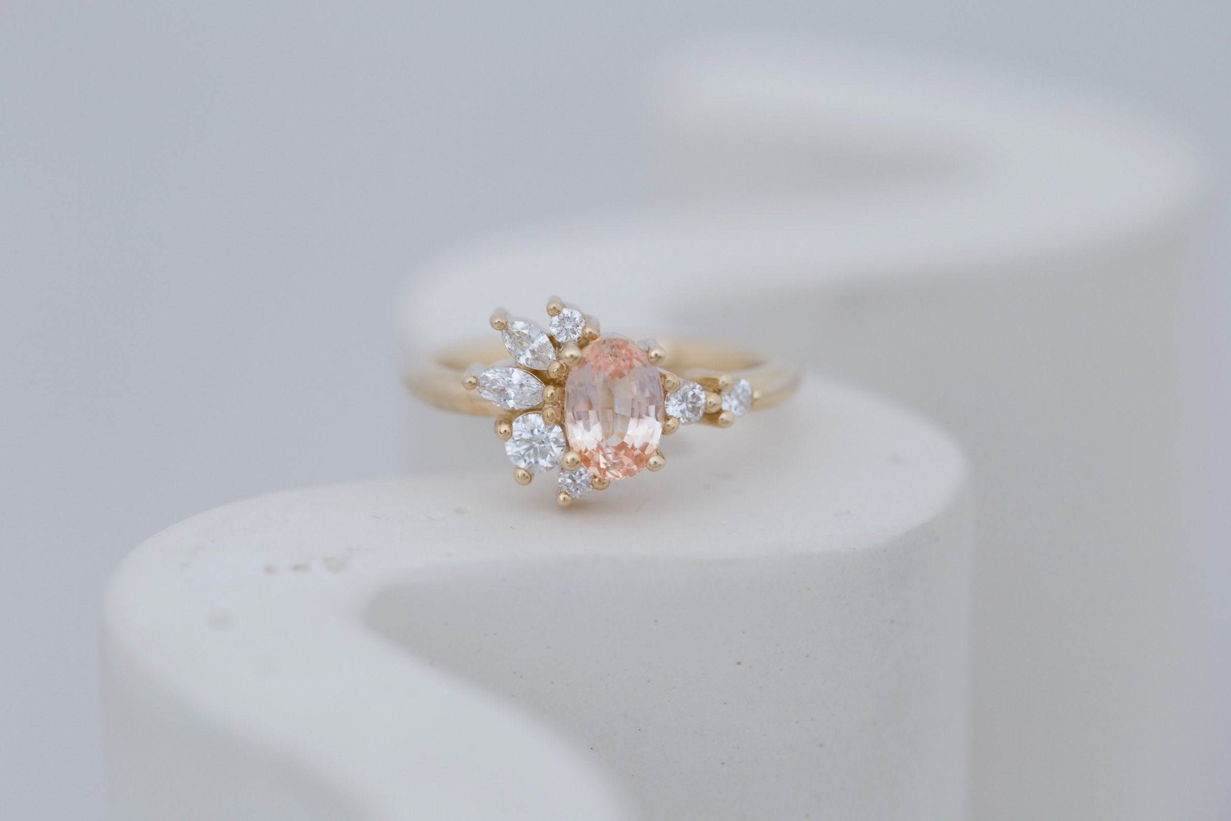 Ambretta Ring | Peach Oval Sapphire + Diamond Cluster Engagement Ring 1.11 ct | 14k Recycled Gold | One of a Kind