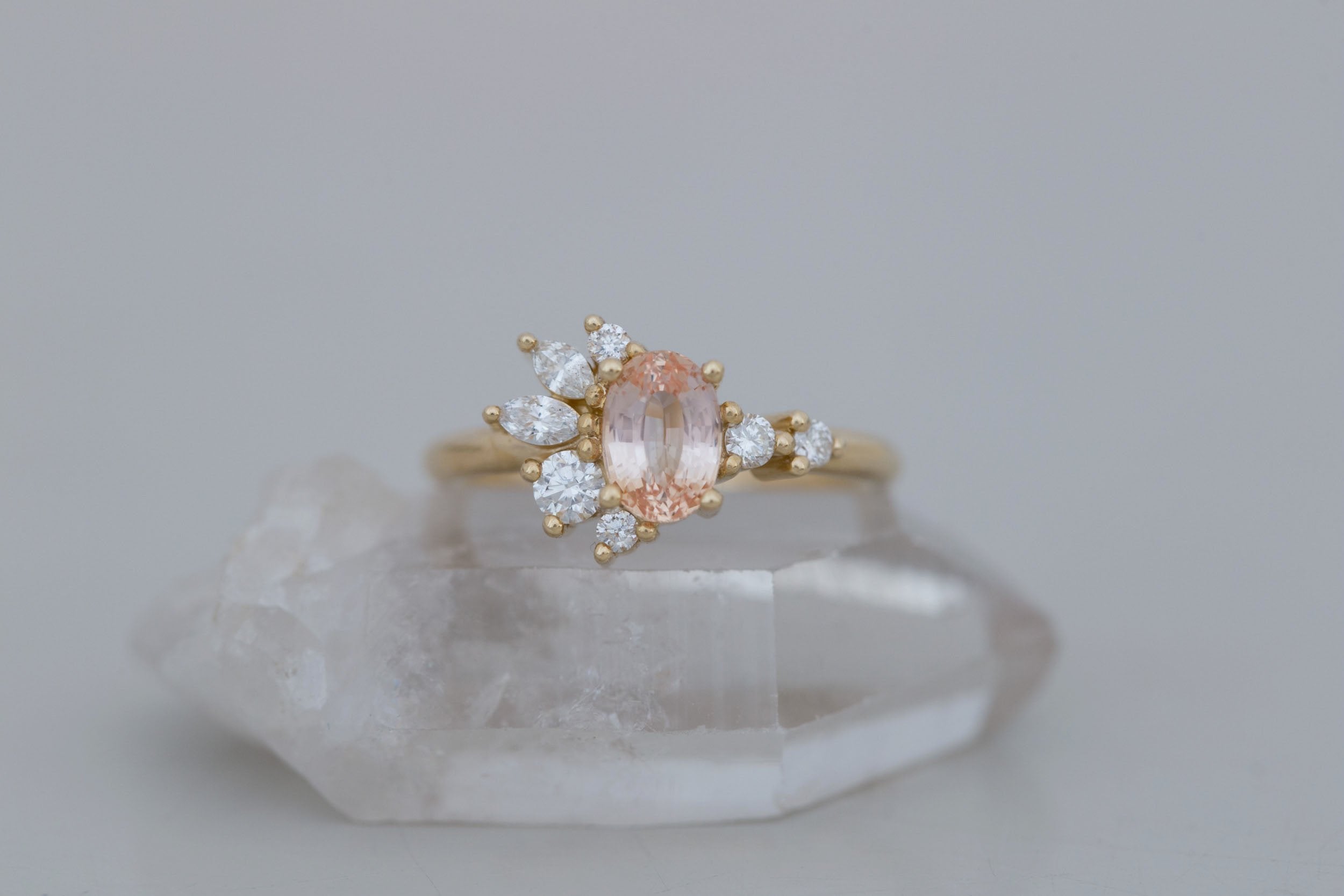 Ambretta Ring | Peach Oval Sapphire + Diamond Cluster Engagement Ring 1.11 ct | 14k Recycled Gold | One of a Kind
