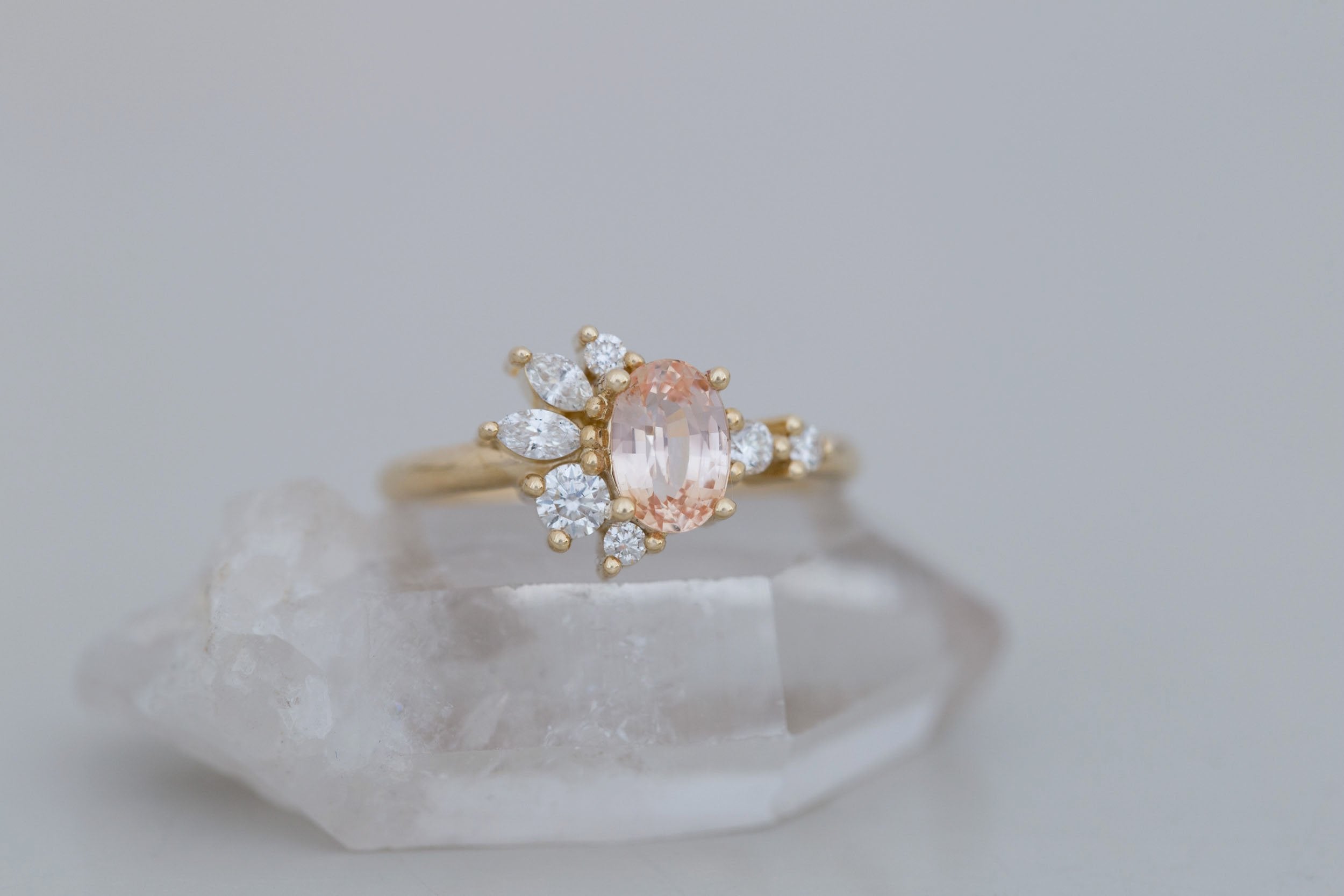 Ambretta Ring | Peach Oval Sapphire + Diamond Cluster Engagement Ring 1.11 ct | 14k Recycled Gold | One of a Kind