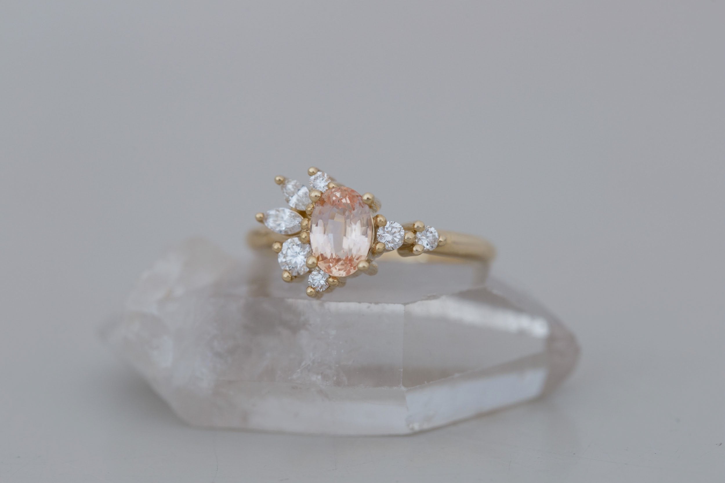 Ambretta Ring | Peach Oval Sapphire + Diamond Cluster Engagement Ring 1.11 ct | 14k Recycled Gold | One of a Kind