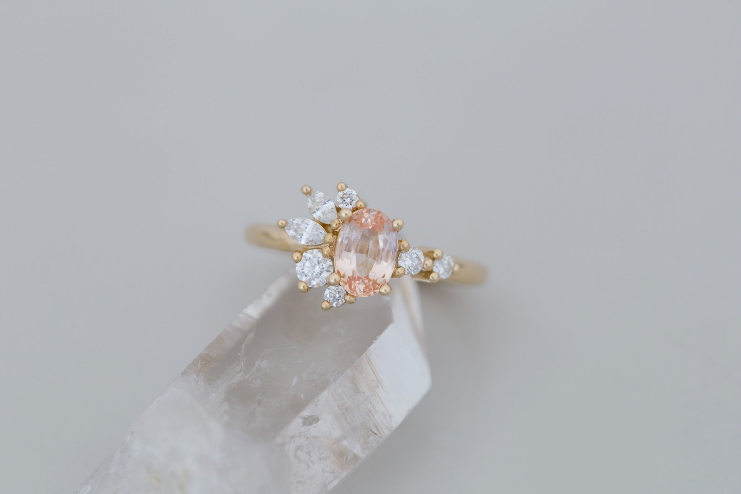 Ambretta Ring | Peach Oval Sapphire + Diamond Cluster Engagement Ring 1.11 ct | 14k Recycled Gold | One of a Kind