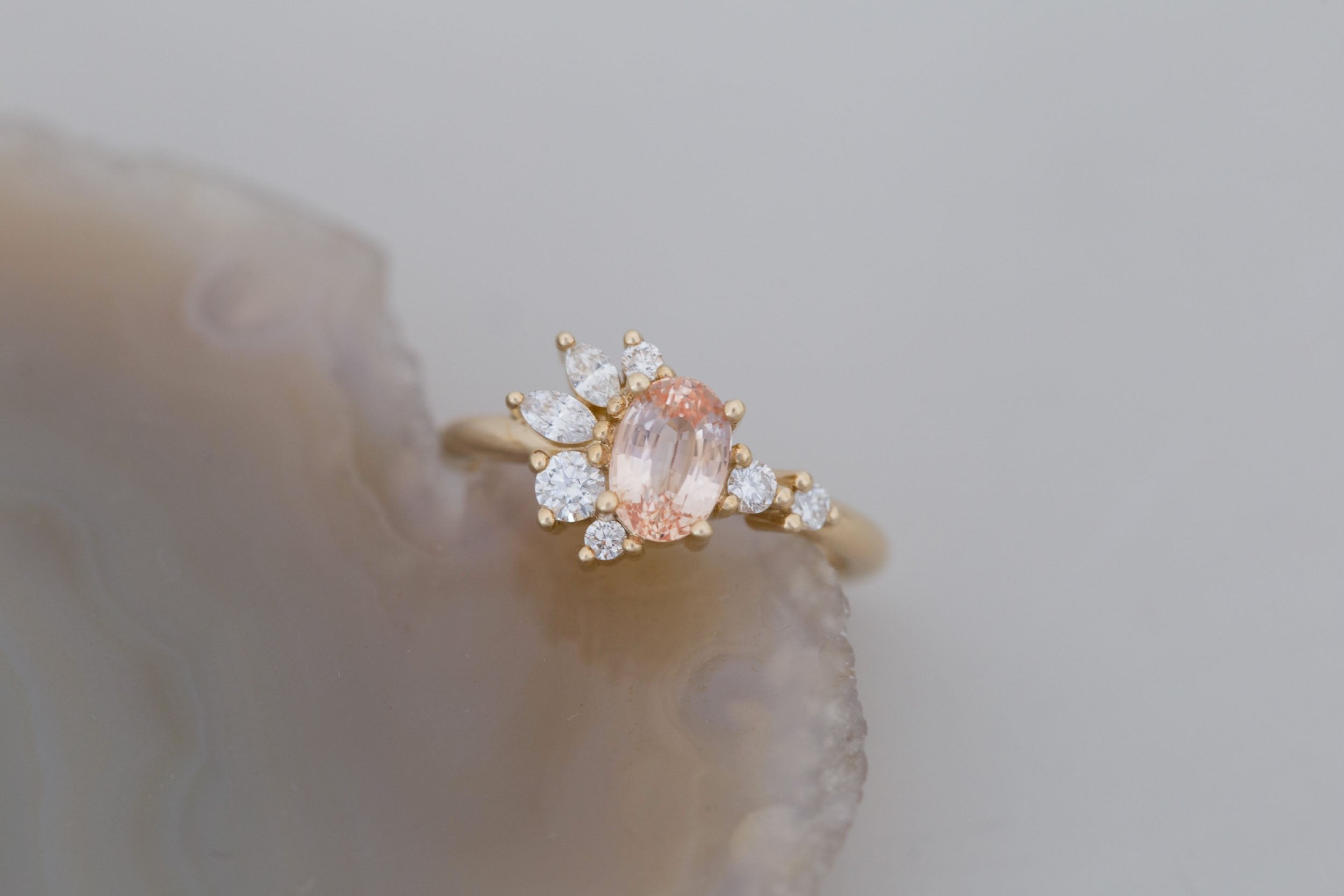 Ambretta Ring | Peach Oval Sapphire + Diamond Cluster Engagement Ring 1.11 ct | 14k Recycled Gold | One of a Kind