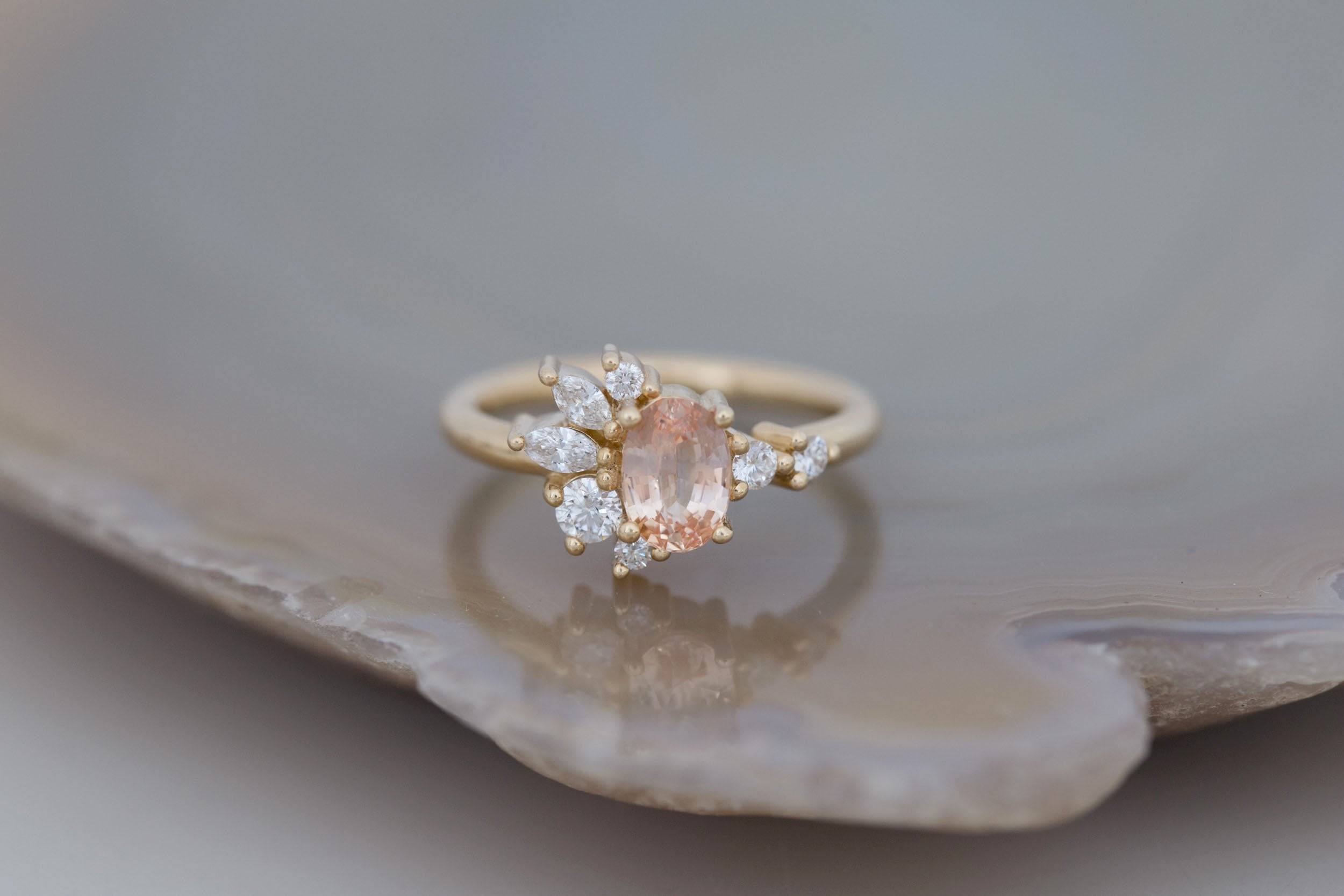 Ambretta Ring | Peach Oval Sapphire + Diamond Cluster Engagement Ring 1.11 ct | 14k Recycled Gold | One of a Kind