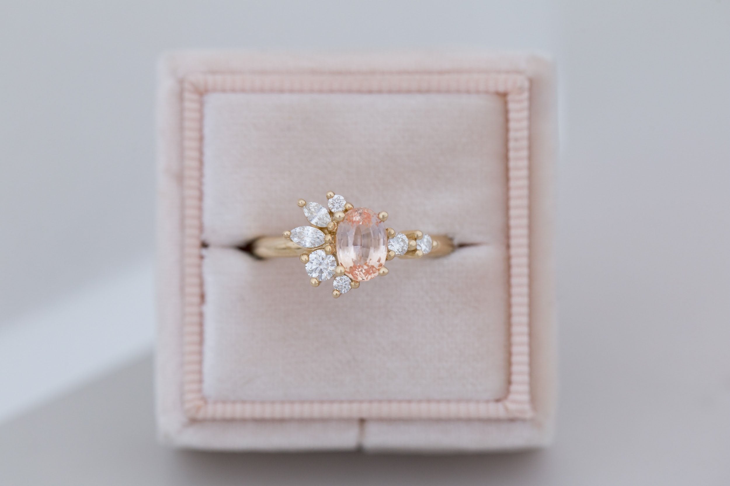 Ambretta Ring | Peach Oval Sapphire + Diamond Cluster Engagement Ring 1.11 ct | 14k Recycled Gold | One of a Kind