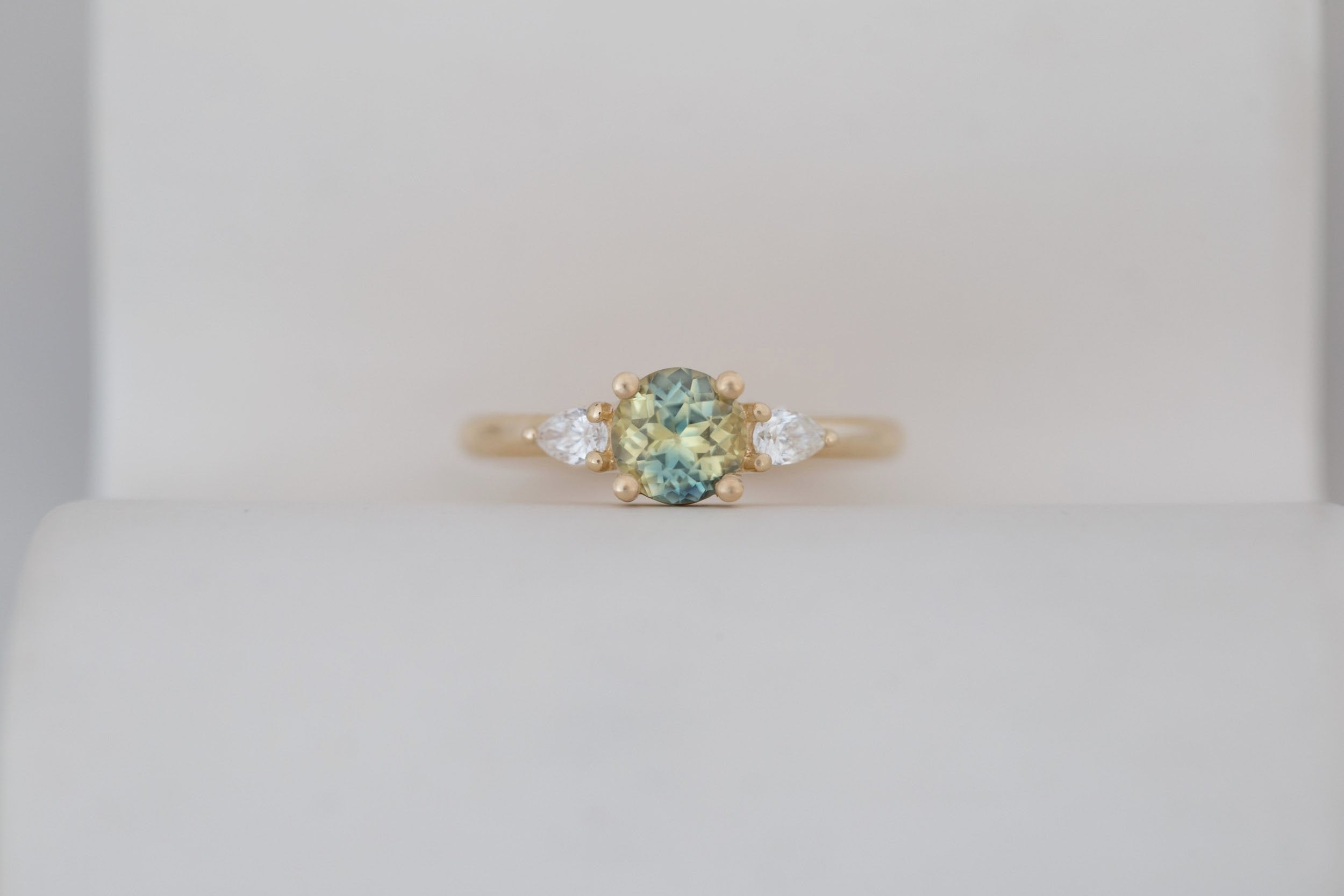 Iris Ring | Bicolor Sapphire + Pear Diamond Accent Engagement Ring 1.13 ct | 14k Recycled Gold | One of a Kind
