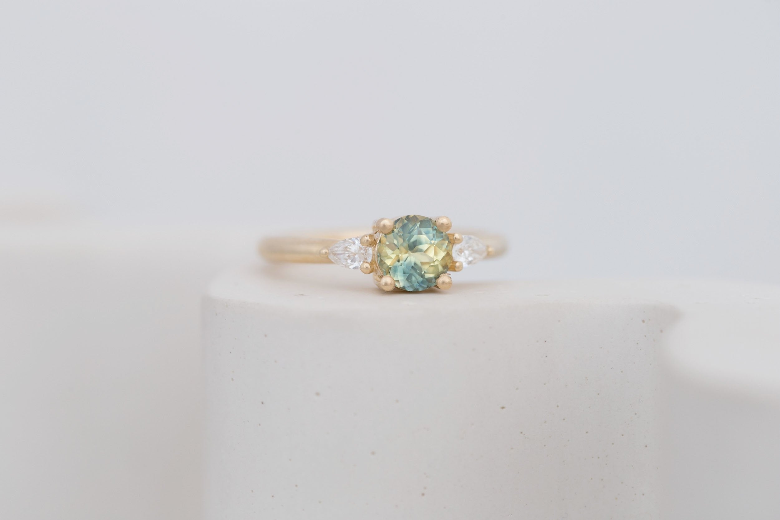 Iris Ring | Bicolor Sapphire + Pear Diamond Accent Engagement Ring 1.13 ct | 14k Recycled Gold | One of a Kind