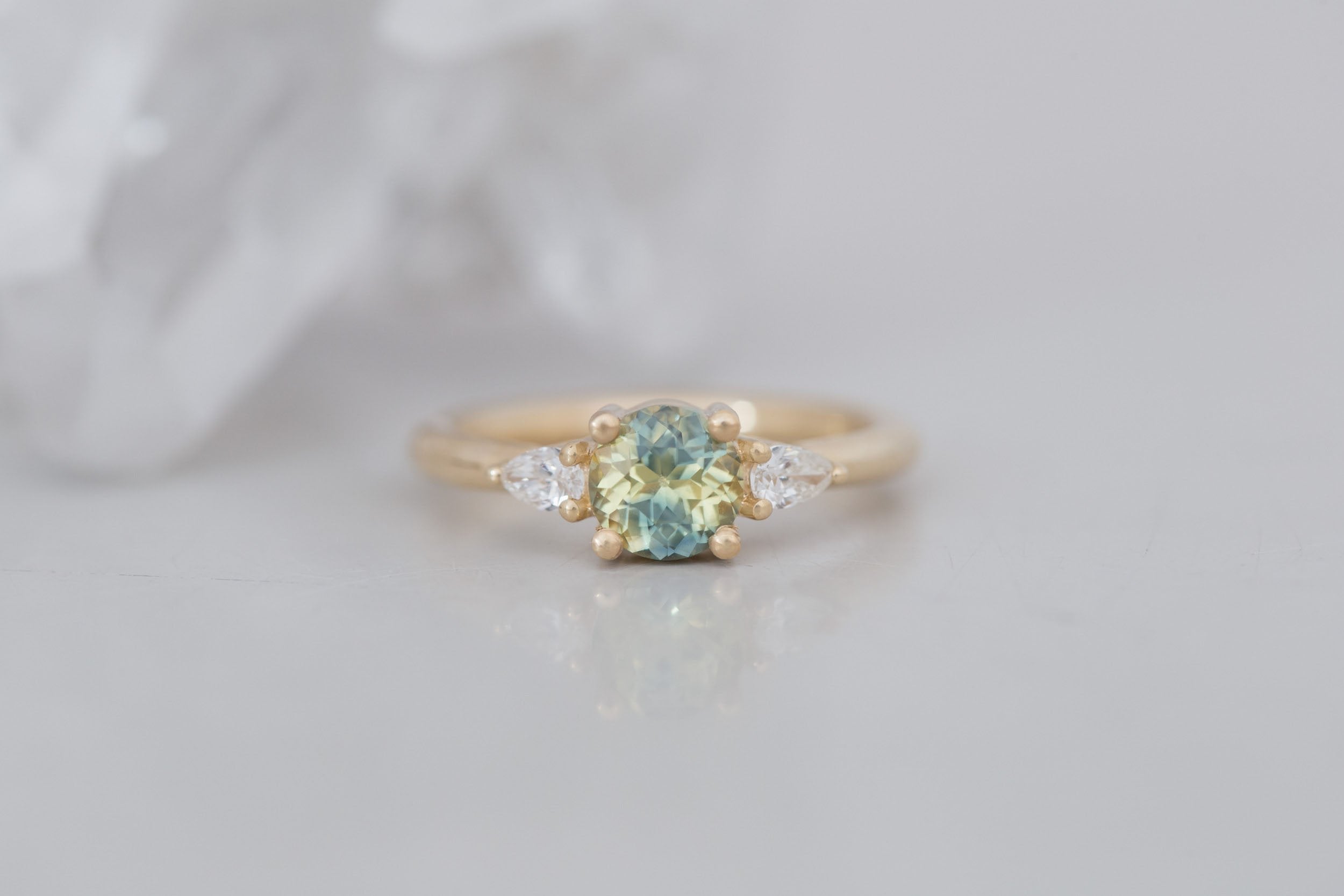 Iris Ring | Bicolor Sapphire + Pear Diamond Accent Engagement Ring 1.13 ct | 14k Recycled Gold | One of a Kind