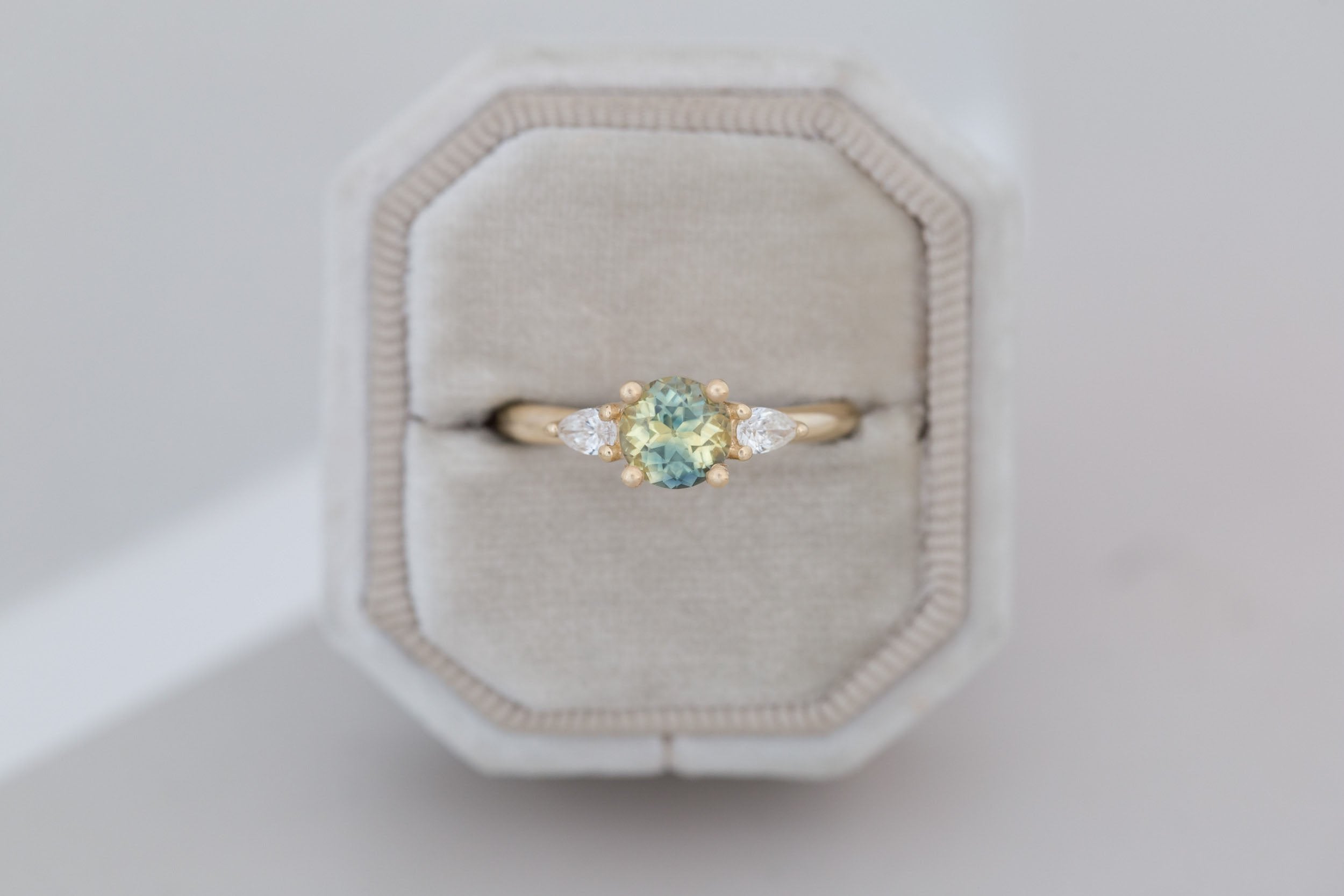 Iris Ring | Bicolor Sapphire + Pear Diamond Accent Engagement Ring 1.13 ct | 14k Recycled Gold | One of a Kind