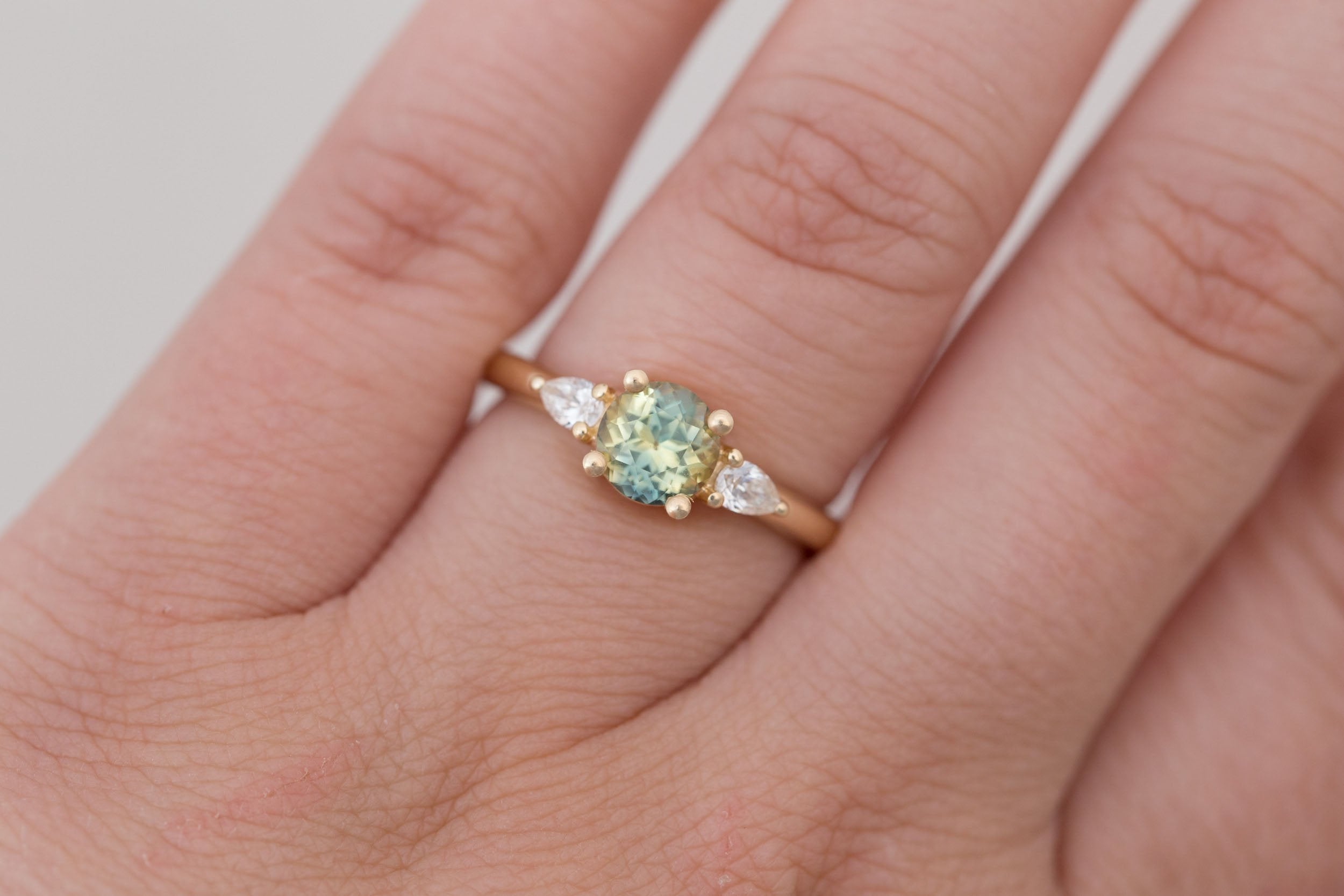 Iris Ring | Bicolor Sapphire + Pear Diamond Accent Engagement Ring 1.13 ct | 14k Recycled Gold | One of a Kind
