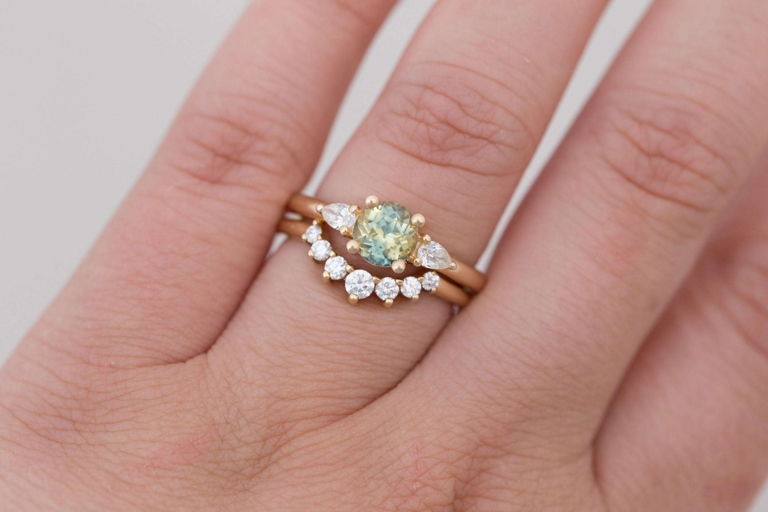 Iris Ring | Bicolor Sapphire + Pear Diamond Accent Engagement Ring 1.13 ct | 14k Recycled Gold | One of a Kind