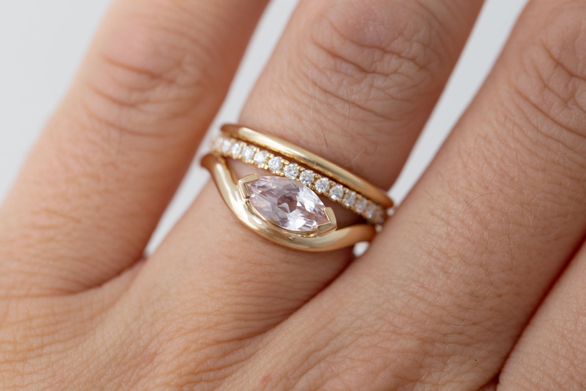 Rhodes Ring | Blush Marquise Sapphire Solitaire + Curved Band Engagement Ring 1.13 ct | 14k Recycled Gold | One of a Kind