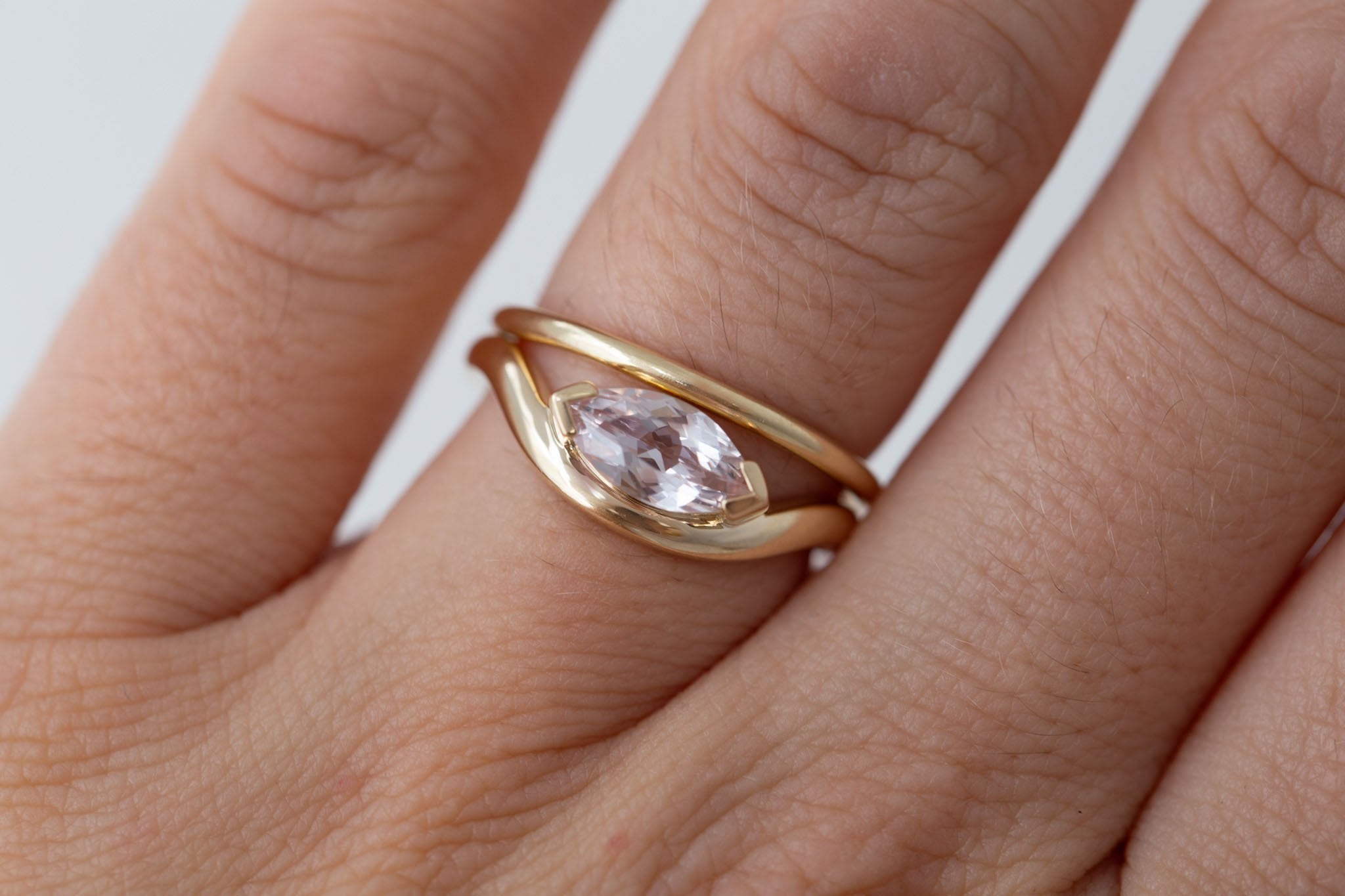 Rhodes Ring | Blush Marquise Sapphire Solitaire + Curved Band Engagement Ring 1.13 ct | 14k Recycled Gold | One of a Kind