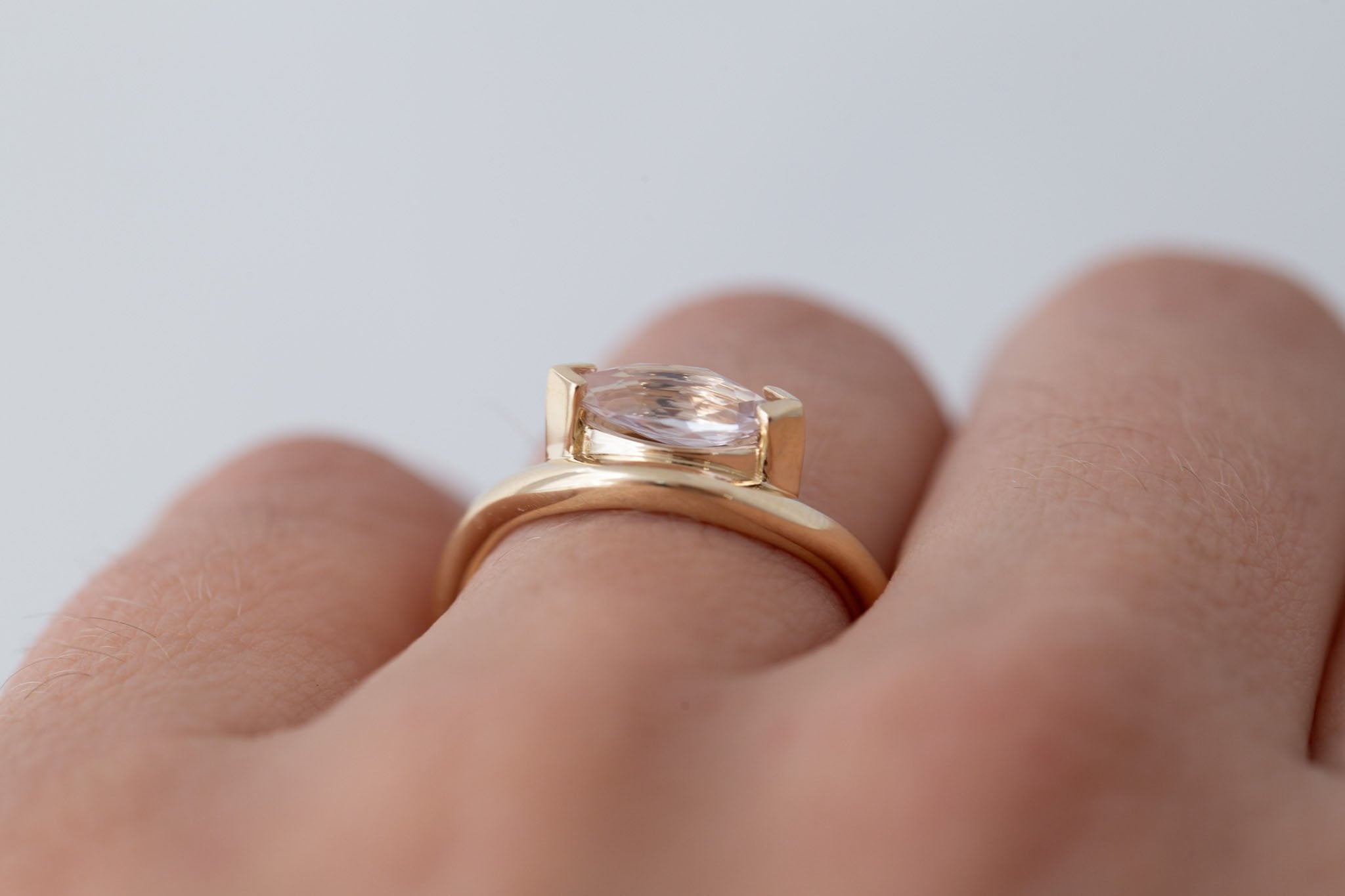 Rhodes Ring | Blush Marquise Sapphire Solitaire + Curved Band Engagement Ring 1.13 ct | 14k Recycled Gold | One of a Kind