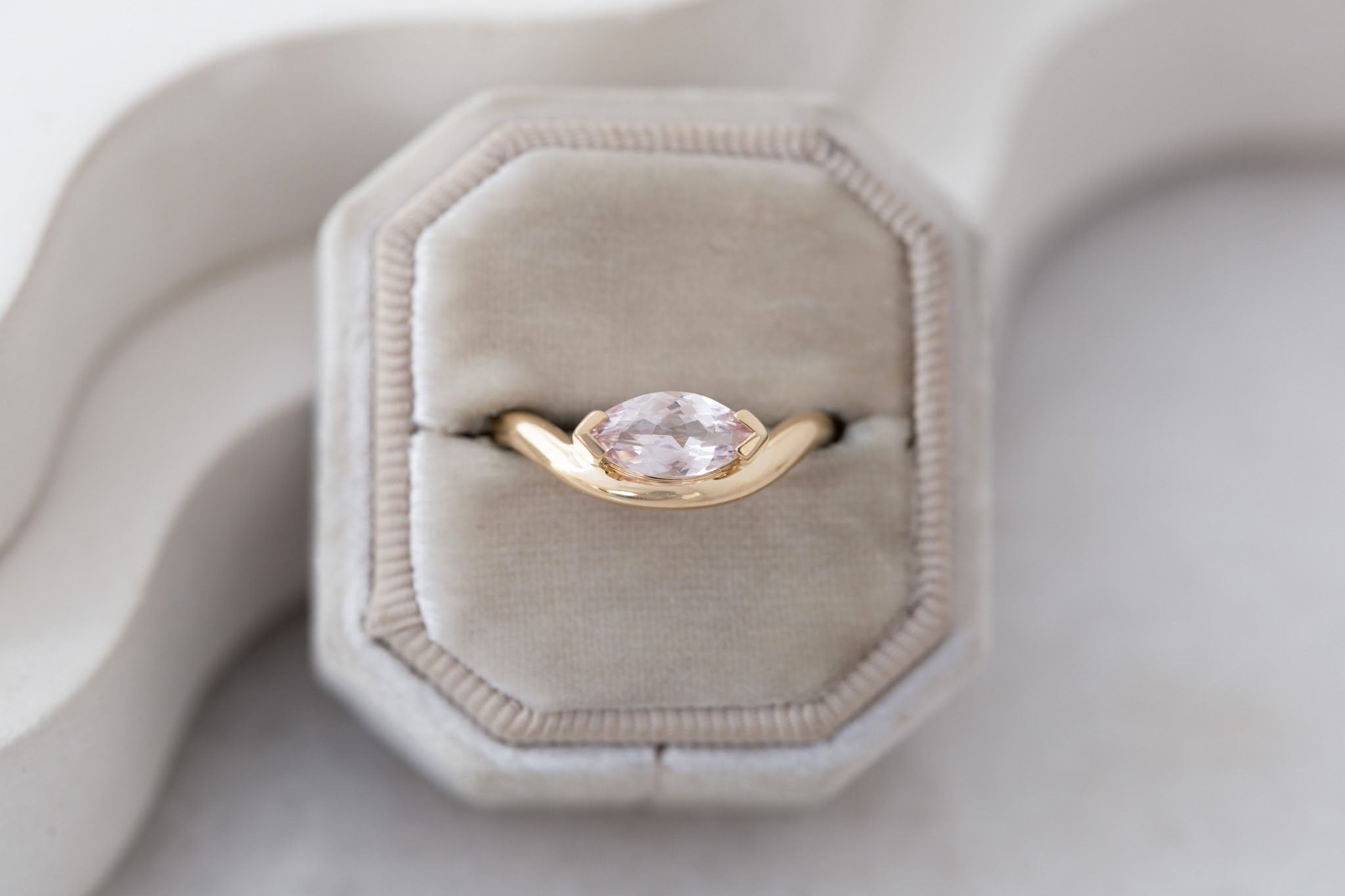 Rhodes Ring | Blush Marquise Sapphire Solitaire + Curved Band Engagement Ring 1.13 ct | 14k Recycled Gold | One of a Kind
