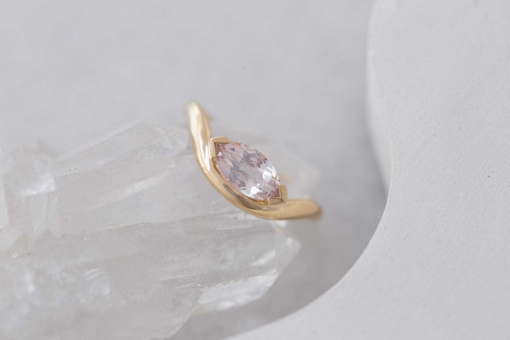 Rhodes Ring | Blush Marquise Sapphire Solitaire + Curved Band Engagement Ring 1.13 ct | 14k Recycled Gold | One of a Kind