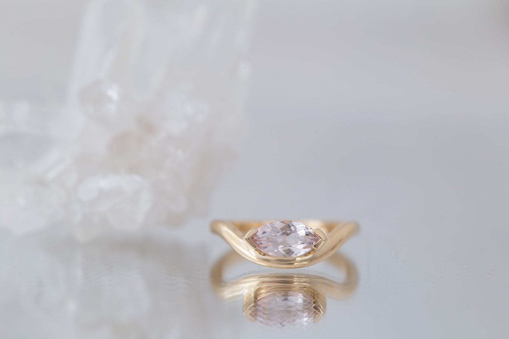 Rhodes Ring | Blush Marquise Sapphire Solitaire + Curved Band Engagement Ring 1.13 ct | 14k Recycled Gold | One of a Kind