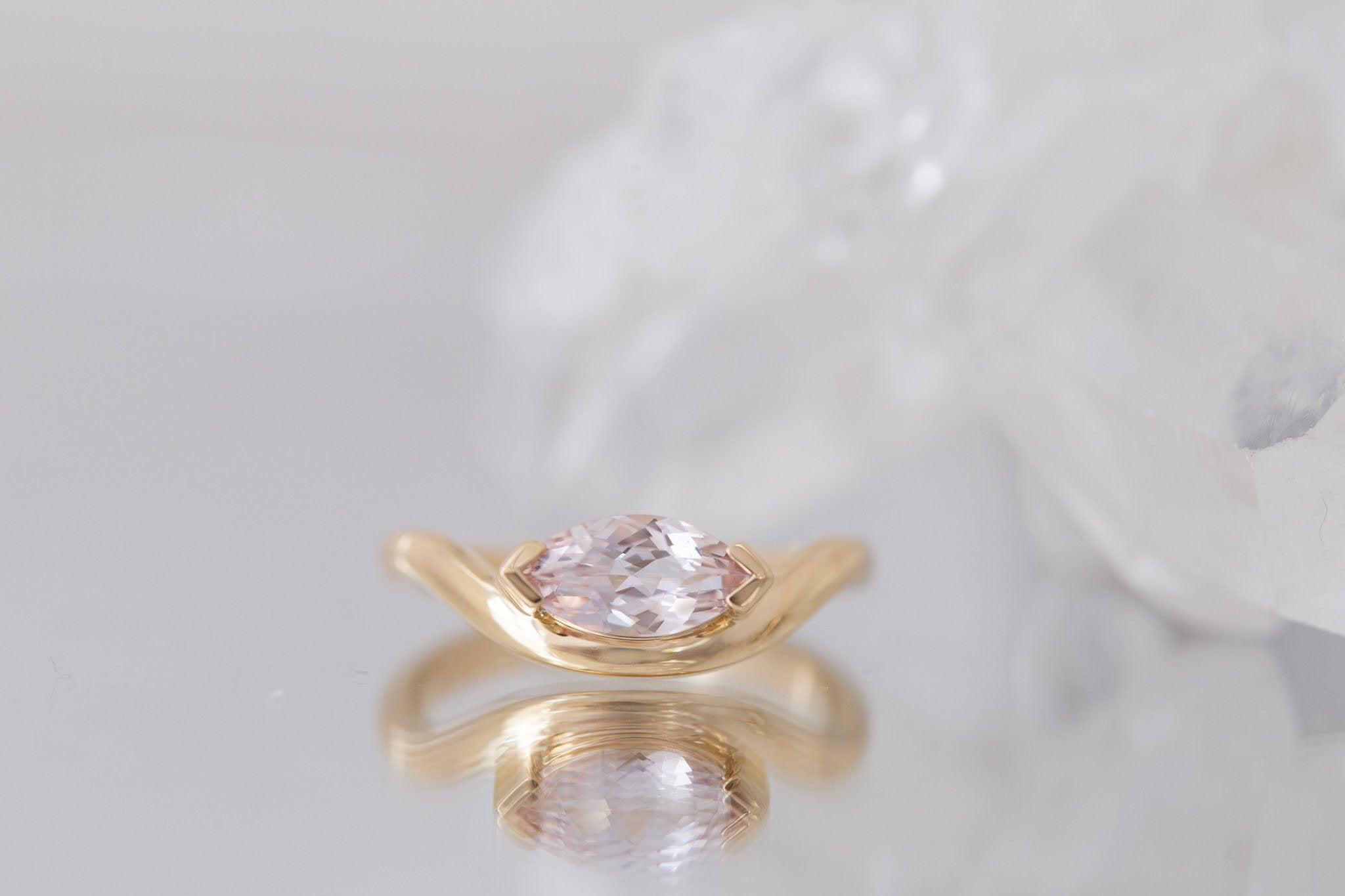 Rhodes Ring | Blush Marquise Sapphire Solitaire + Curved Band Engagement Ring 1.13 ct | 14k Recycled Gold | One of a Kind