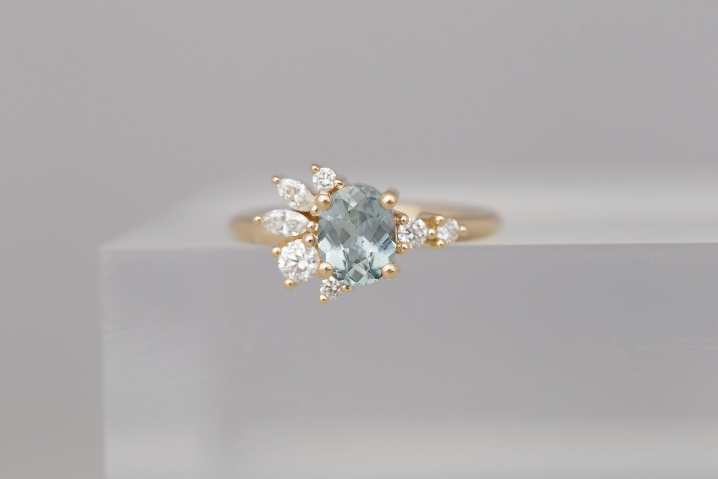 Ambretta Ring | Mint Oval Sapphire + Diamond Cluster Engagement Ring 1.13 ct | 14k Recycled Gold | One of a Kind