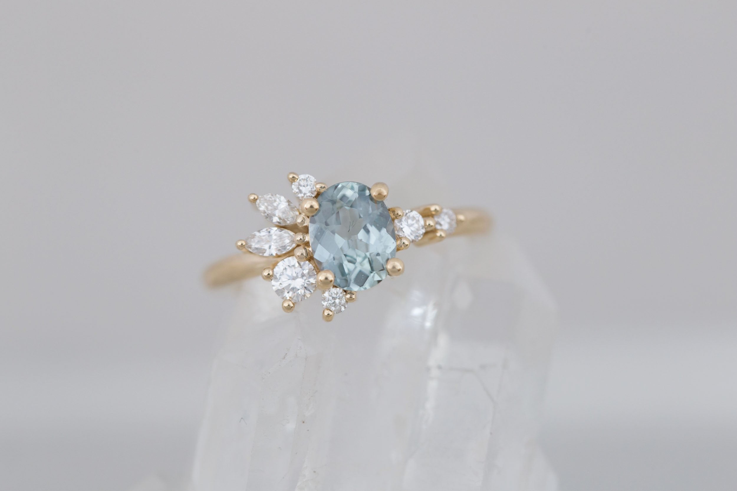 Ambretta Ring | Mint Oval Sapphire + Diamond Cluster Engagement Ring 1.13 ct | 14k Recycled Gold | One of a Kind
