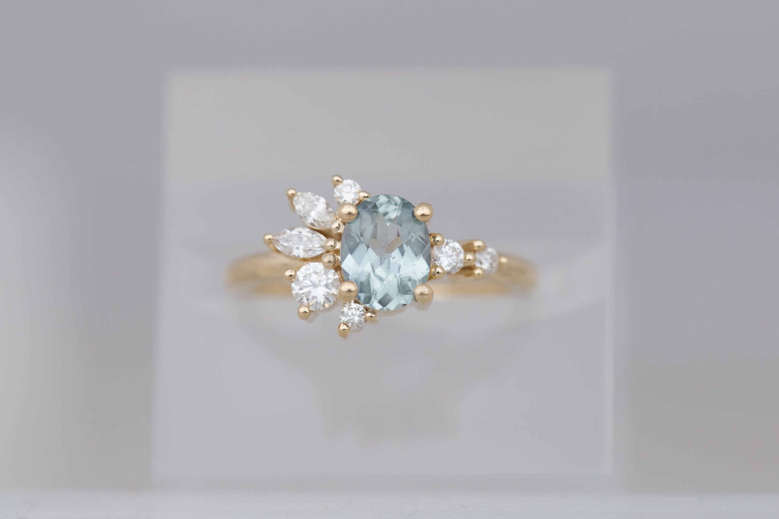 Ambretta Ring | Mint Oval Sapphire + Diamond Cluster Engagement Ring 1.13 ct | 14k Recycled Gold | One of a Kind