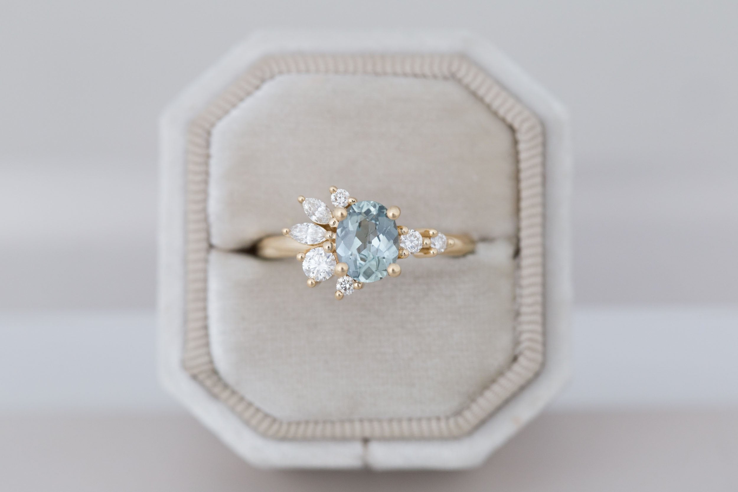 Ambretta Ring | Mint Oval Sapphire + Diamond Cluster Engagement Ring 1.13 ct | 14k Recycled Gold | One of a Kind