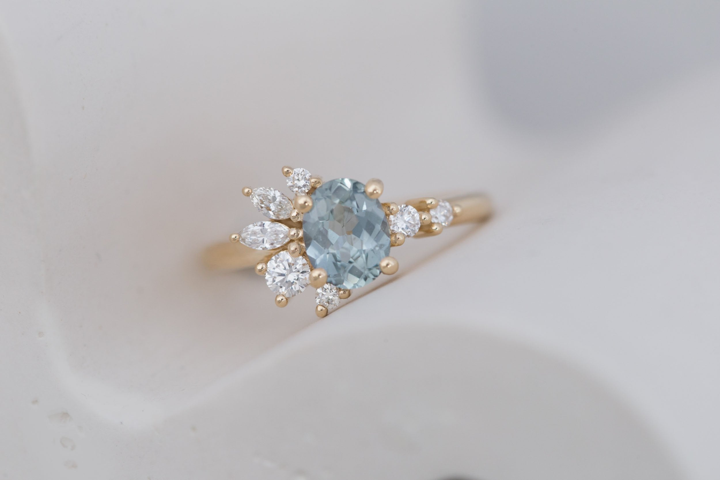 Ambretta Ring | Mint Oval Sapphire + Diamond Cluster Engagement Ring 1.13 ct | 14k Recycled Gold | One of a Kind