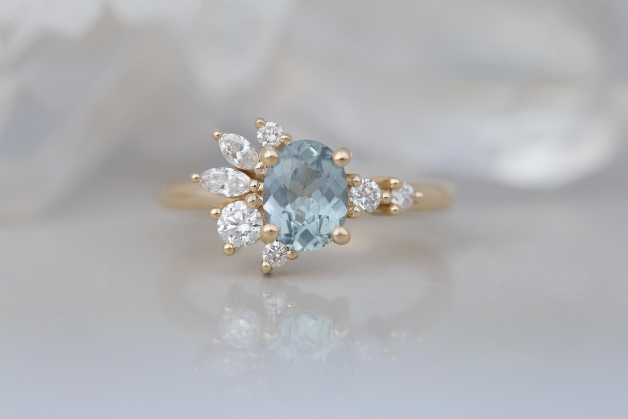 Ambretta Ring | Mint Oval Sapphire + Diamond Cluster Engagement Ring 1.13 ct | 14k Recycled Gold | One of a Kind