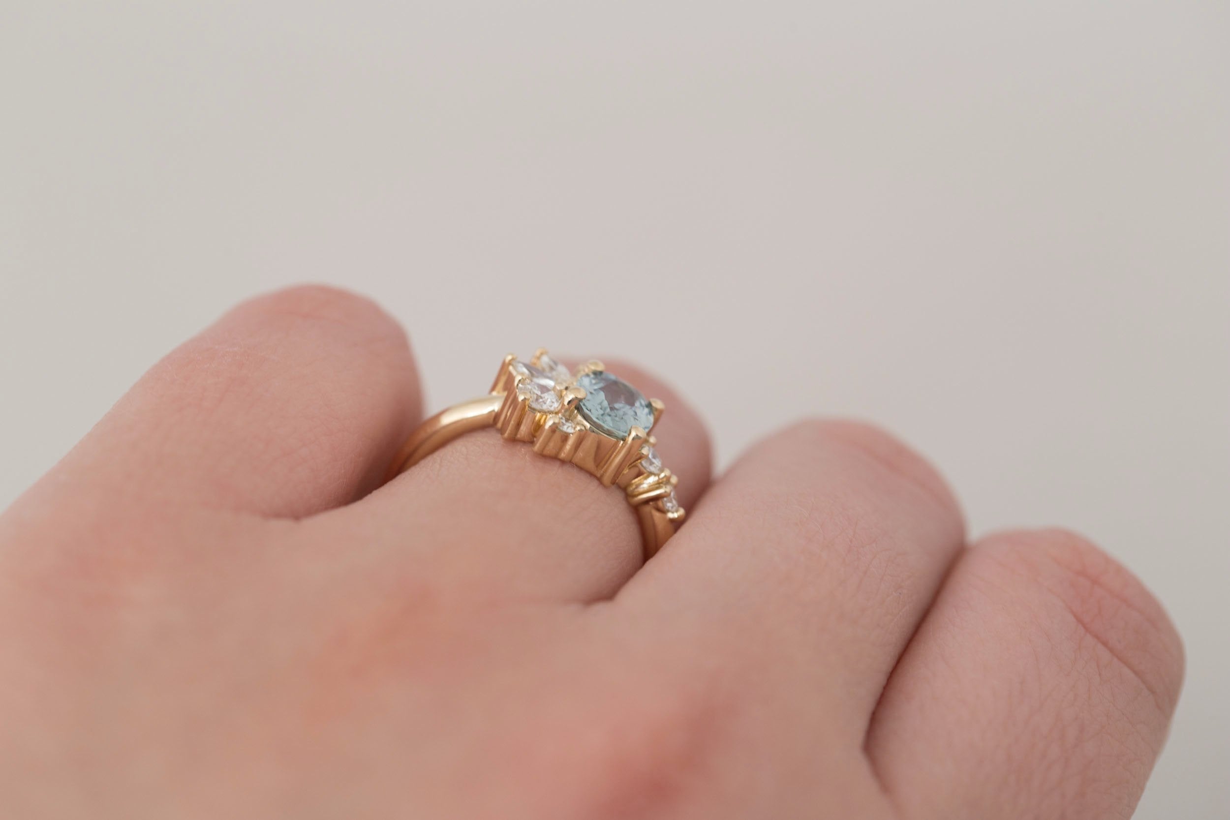 Ambretta Ring | Mint Oval Sapphire + Diamond Cluster Engagement Ring 1.13 ct | 14k Recycled Gold | One of a Kind