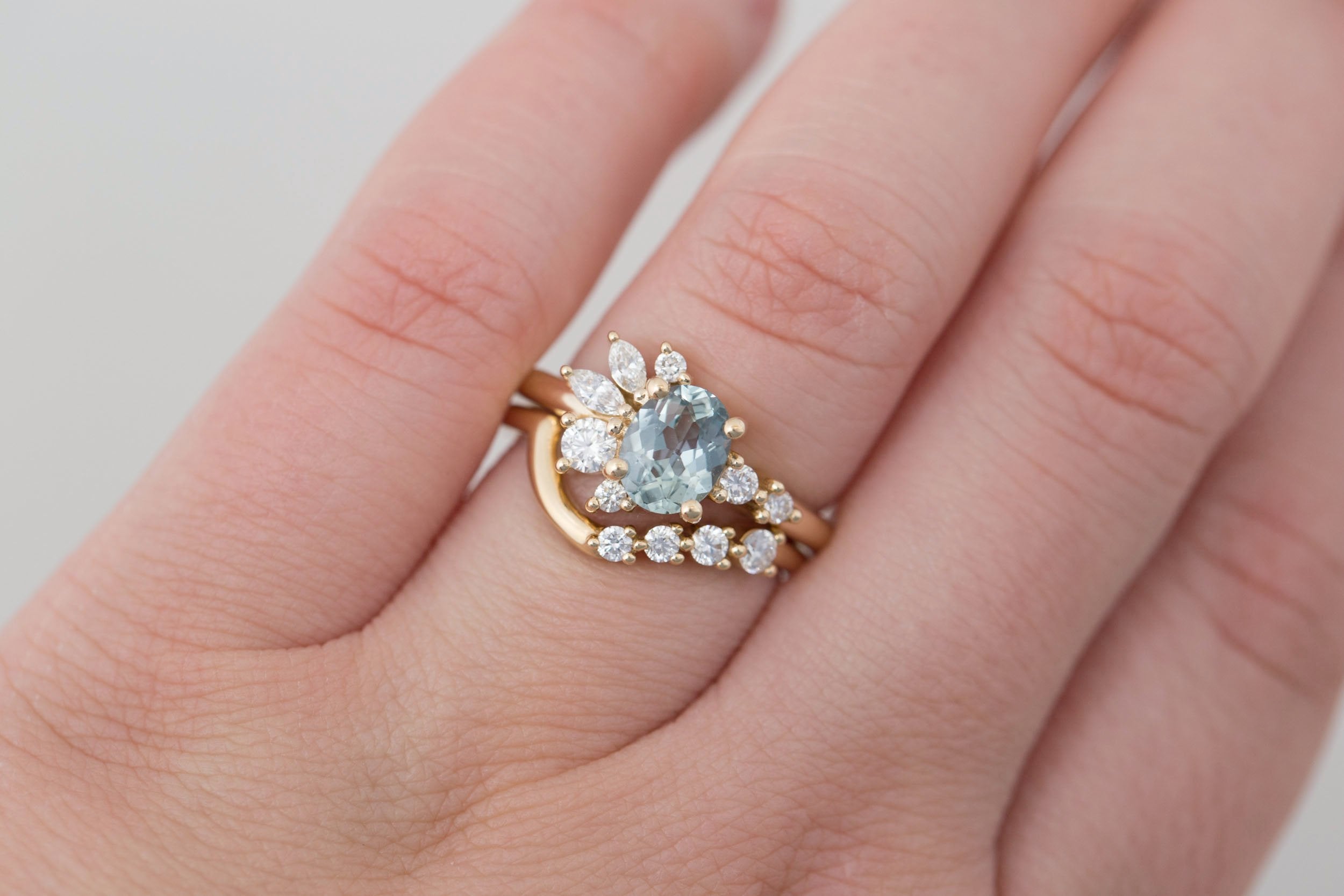 Ambretta Ring | Mint Oval Sapphire + Diamond Cluster Engagement Ring 1.13 ct | 14k Recycled Gold | One of a Kind